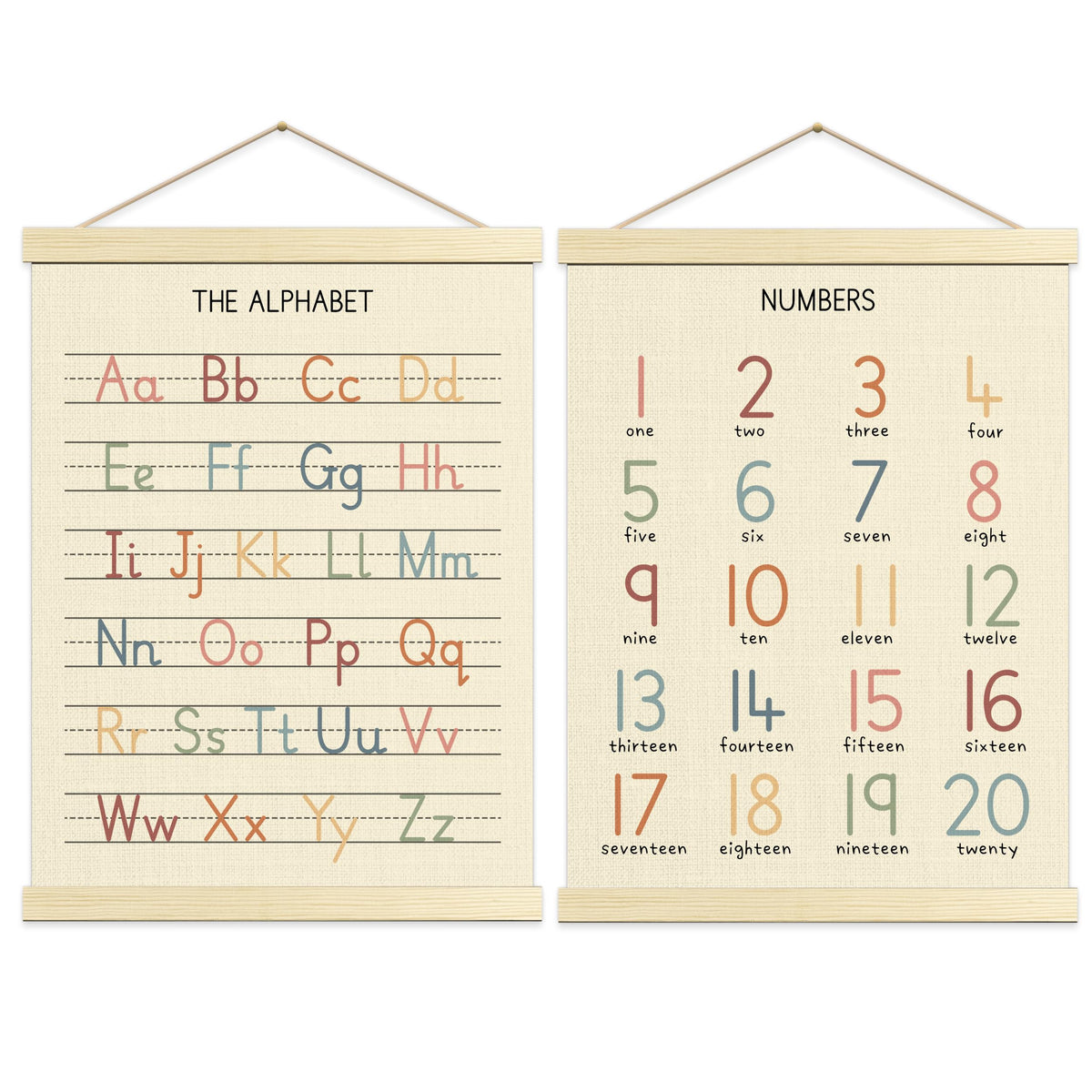 Numbers Alphabet Poster for Toddlers,Educational Wall Chart for Nursery Kids Learning, Homeschool & Playroom Decor and Bedroom for Wooden Hanger Frame Set of 2, 12x18 Inch - A01