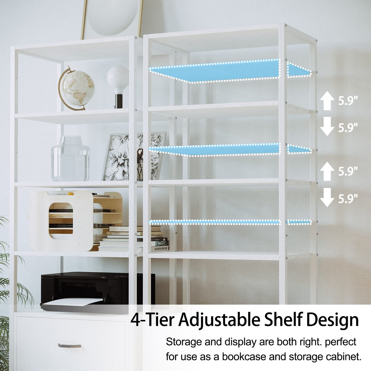 IRONCK Industrial Bookcase with File Cabinet Drawers, 71.6 in Tall Bookshelf 5 Tier, Freestanding Storage Home Office Cabinet Organizer, Rustic Home Decor, White