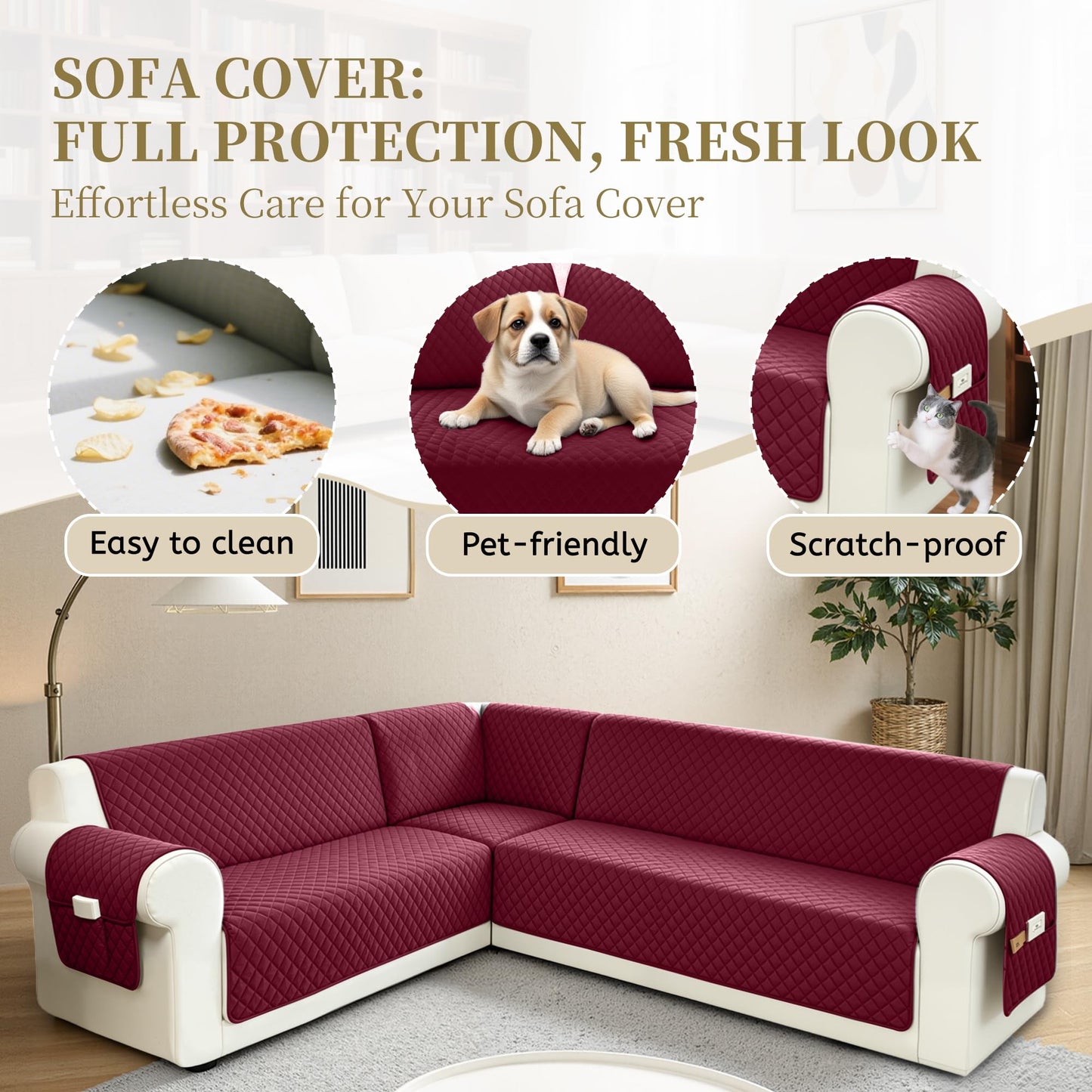 SYJOVIA Sectional Couch Covers for Dogs 100% Waterproof Corner L Shaped Sofa Cover Pet Friendly Velvet Washable Anti Slip L Shape Modular Sofa Slipcover Protector with Pockets (Red, X-Large)
