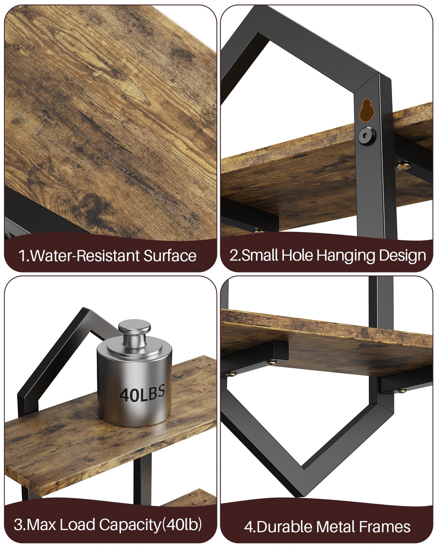 Forjarn Floating Shelves, Set of 2 Wall Shelf, Wall Mounted Decorative Shelves, 2-Tier Modern Geometric Hanging Storage Shelf for Living Room, Bedroom, Kitchen, Office, Study (Rustic Brown + Black)