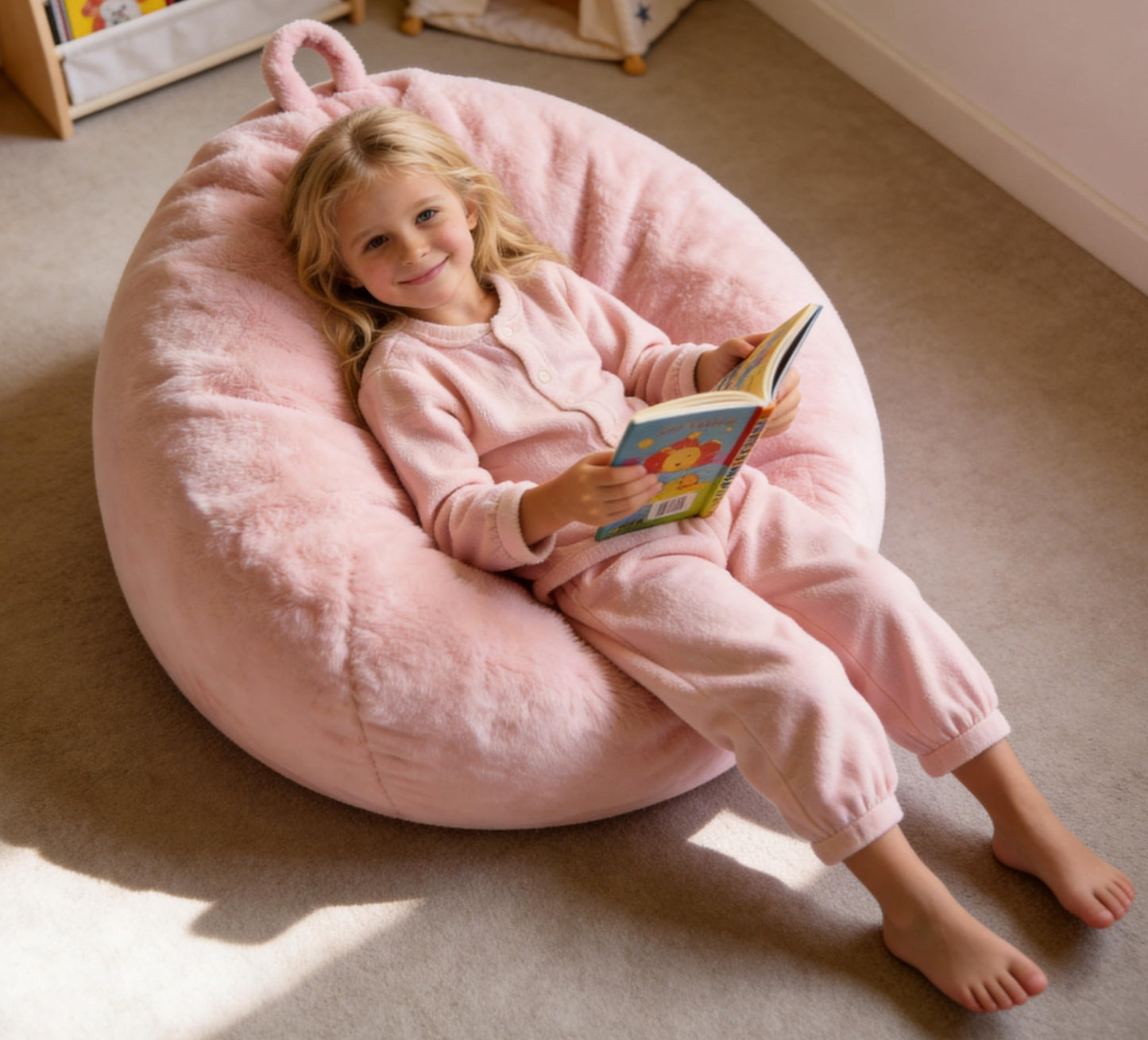 ENBAOHUI 3FT Faux Fur Comfy Memory Foam Bean Bag Chairs for Kids or Babies with Filling Bean Bag Sofa with Handle Super Soft Washable Faux Fur Fabric Lazy Sofa 3 Foot Pink