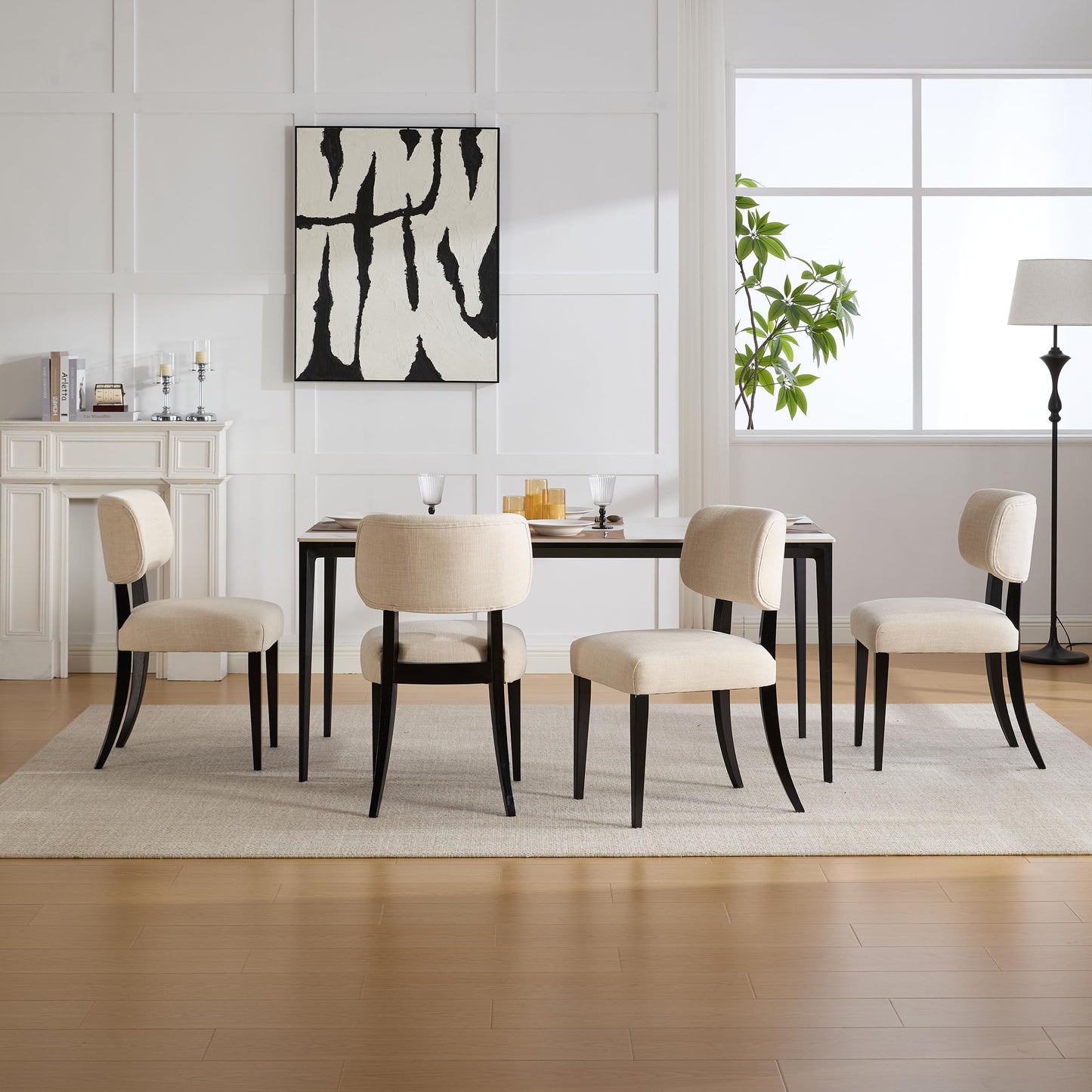 Wood Upholstered Dining Chairs Set of 2, Modern Linen Fabric Accent Side Seating with Padded Backrest, Armless Farmhouse Kitchen Room Furniture for Breakfast Nook Apartment Restaurant (Beige)