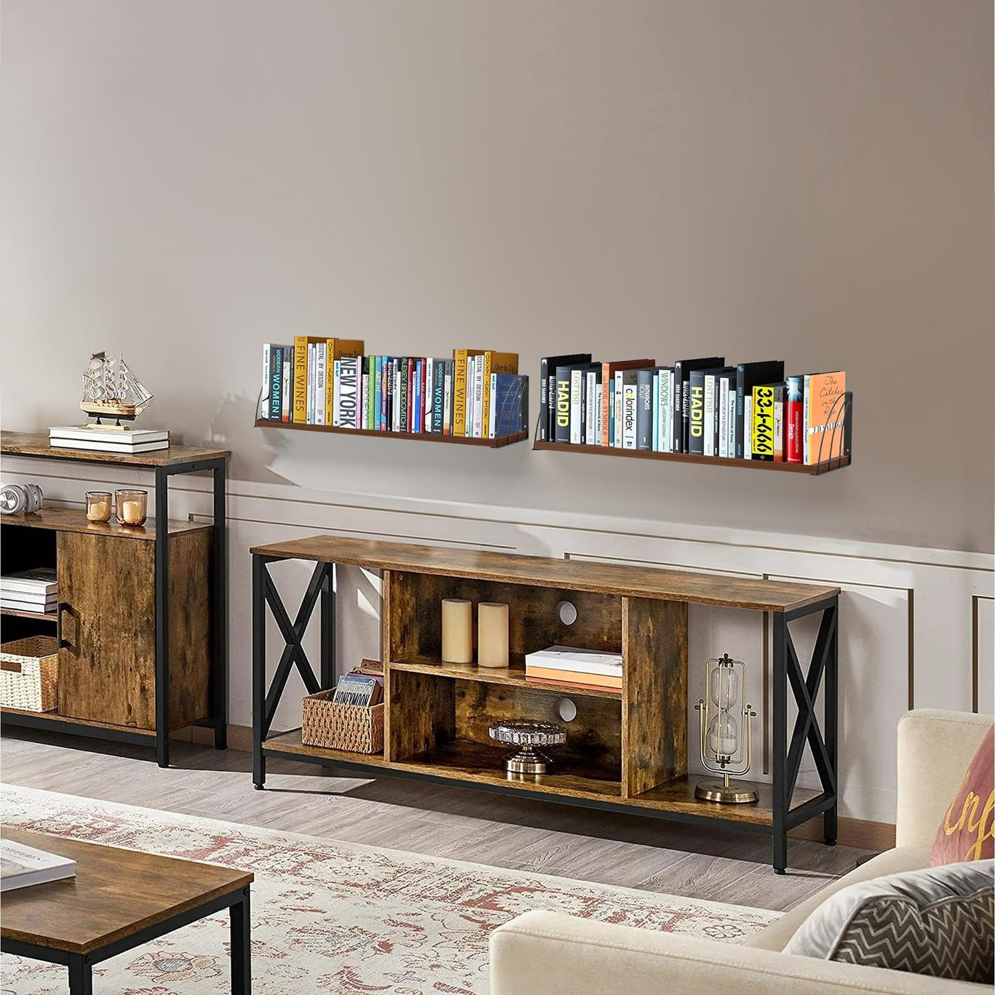 Long 36 inch Rustic Brown Floating Book Shelves for Wall - Curved Fan-Shaped Design with Built-in Anti-Slip Book Stops|0.71" Thick MDF Heavy Duty Floating Bookshelves|Wall Bookshelf for Books Set of 2