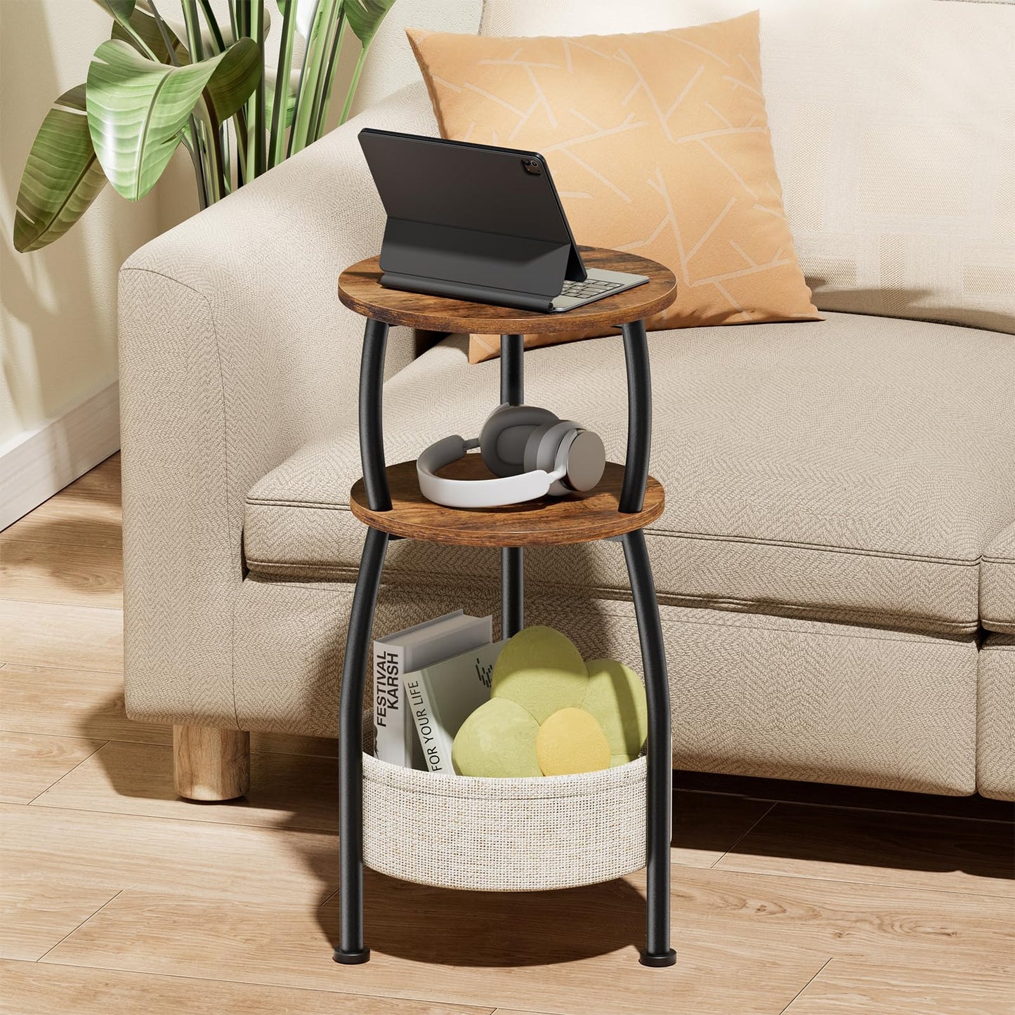 Yuede Round Side Table for Small Spaces with Storage Basket –Small End Table 3-Tier Night Stand Sofa Corner Table for Living Room, Bedroom, Patio and More 24in Tall Rustic Brown