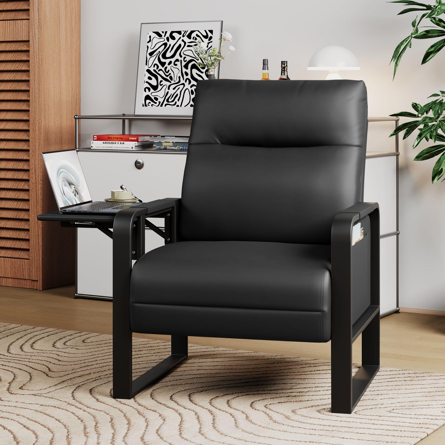 Alunaune Upholstered Living Room Chair Armchair, Mid Century Faux Leather Metal Accent Chair, Reception Couch Slipper Club Lounge Chair Guest Comfy Single Sofa with Sidetable for Bedroom-Black