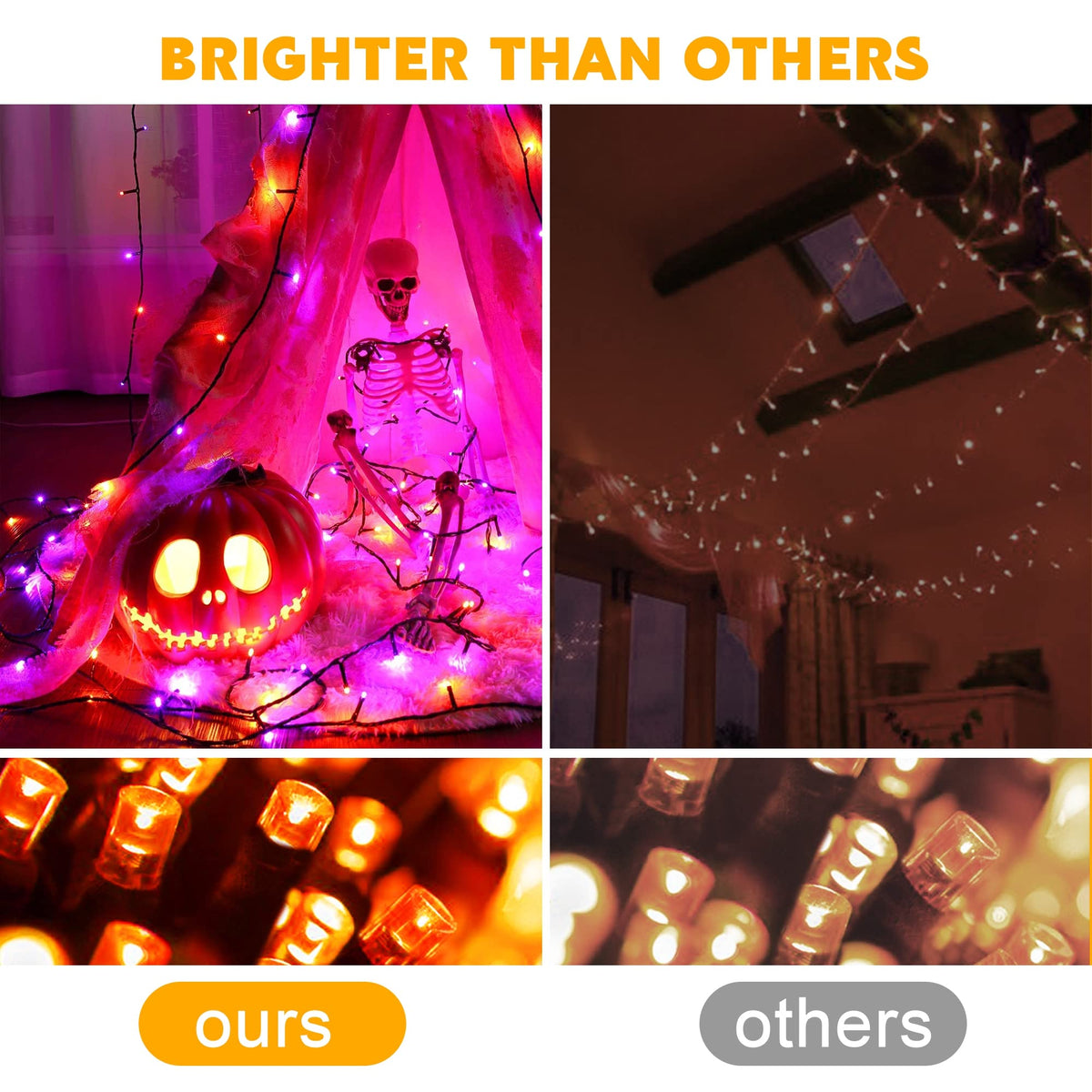 Weillsnow Orange Halloween Lights, 66FT Plug-in Waterproof String Lights, 8 Modes with Memory for Indoor/Outdoor Garden Decorations