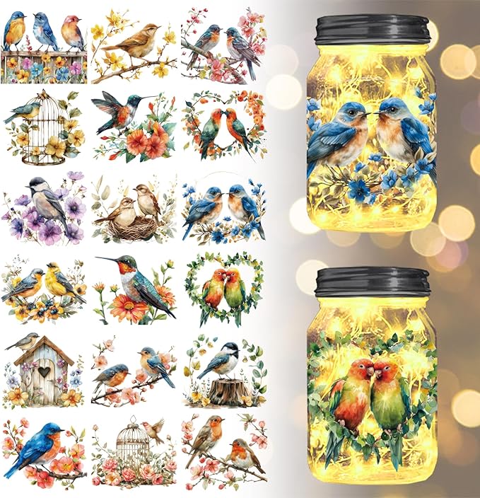 GLOBLELAND 18 Sheets Flowers and Bird Transfer Stickers 3.9x3.6inch Hummingbird