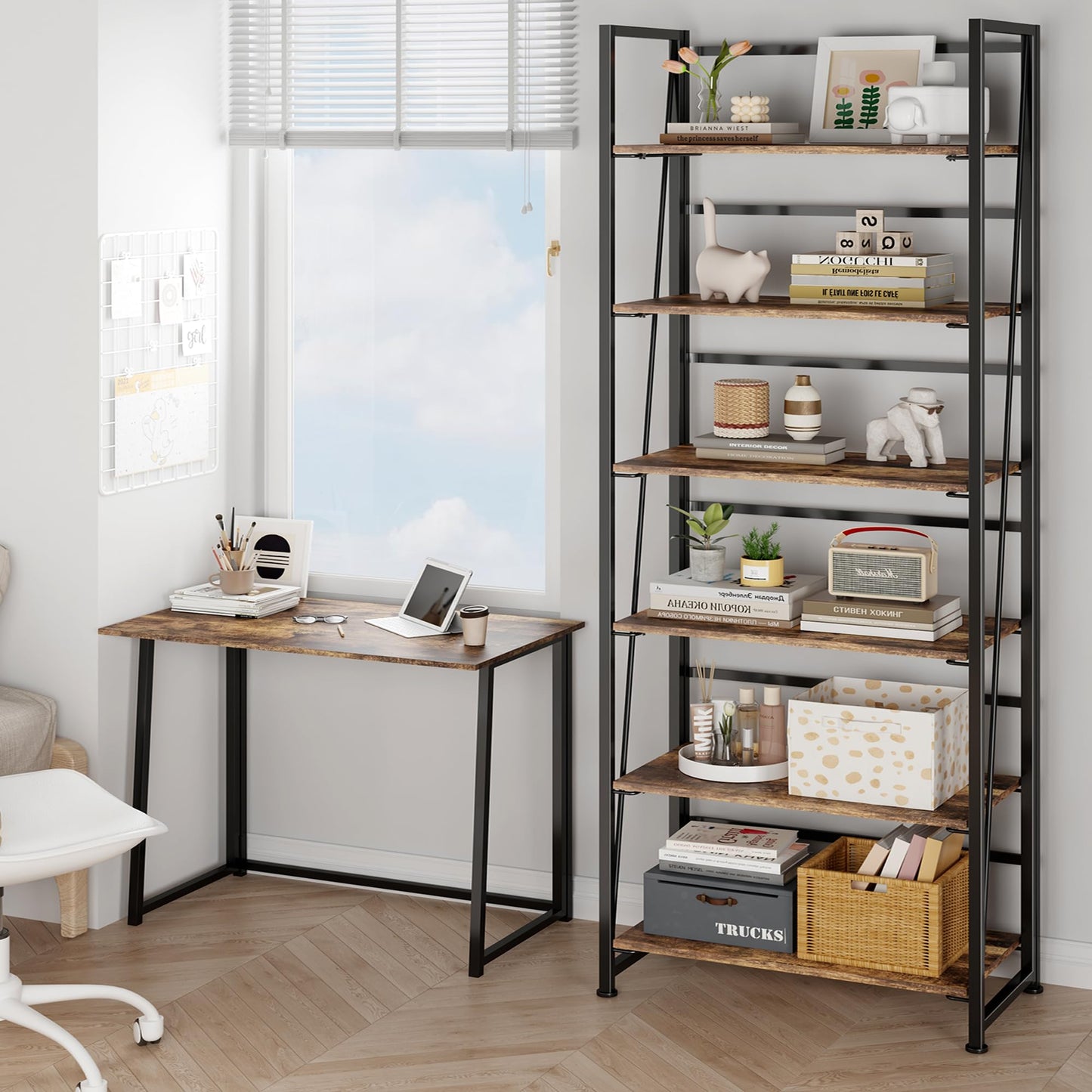 BHG Vintage Multifunctional Folding Bookshelf, No-Assembly Plant Stand Storage Rack Shelves for Home Office