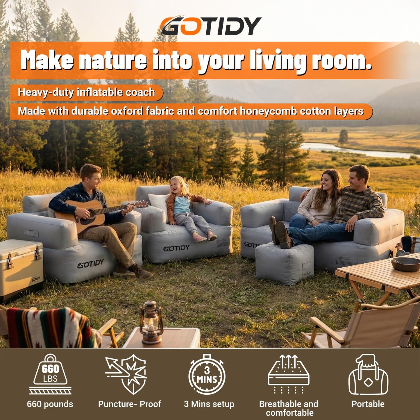 GOTIDY Inflatable Couch Loveseat with Footstool, Camping Couch with Detachable Built-in Pump, Inflatable Sofa with Breathable, Puncture-Resistant Fabric Texture Cover, Camping, Beach, Backyard Party