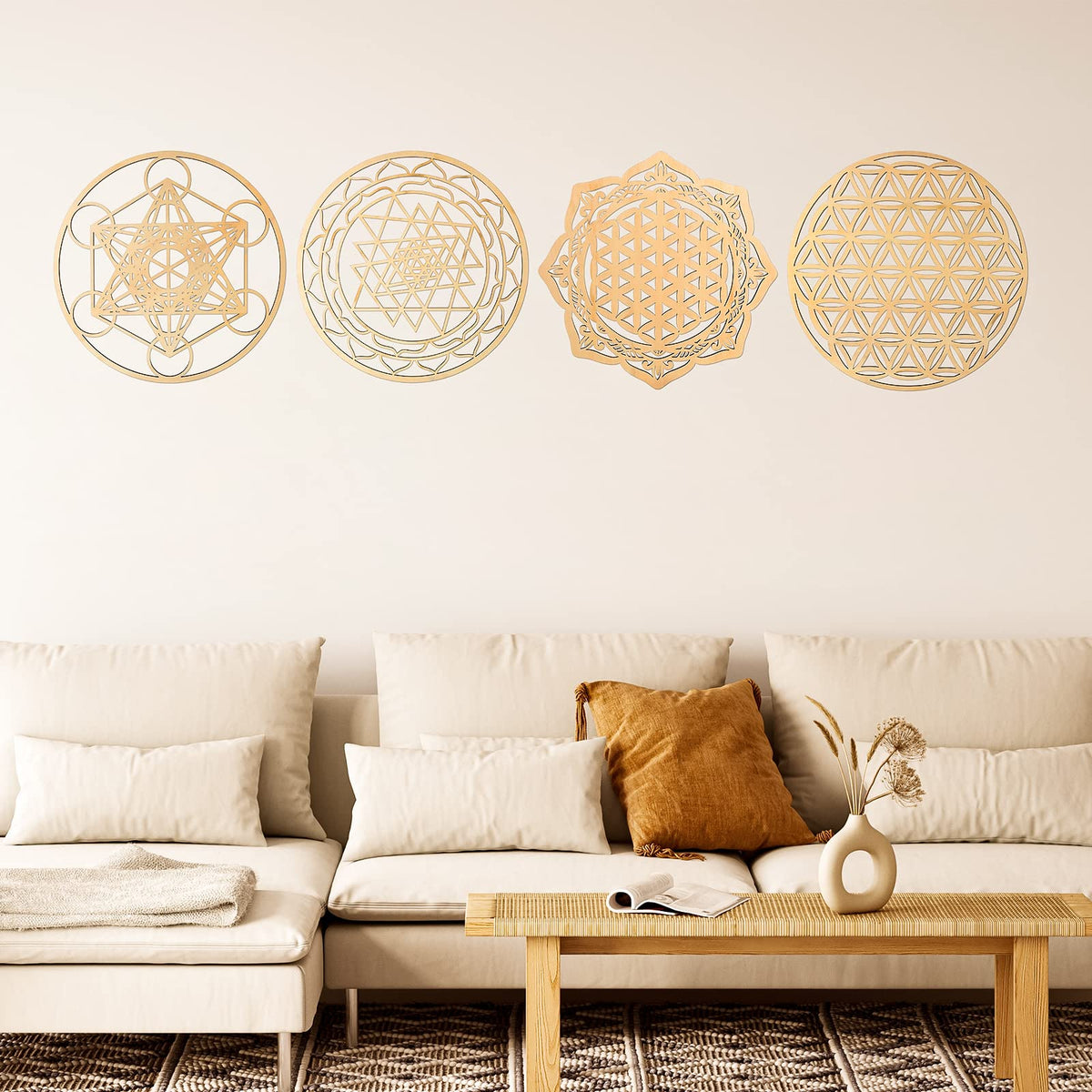 Youyole 4 Pcs 12 Inch Sacred Geometry Wood Wall Art Set Crystal Grid Board Zen Metatron Cube Sri Yantra Flower of Life Mandala Flower of Life Zen Wooden Wall Hanging Decor for Home Room