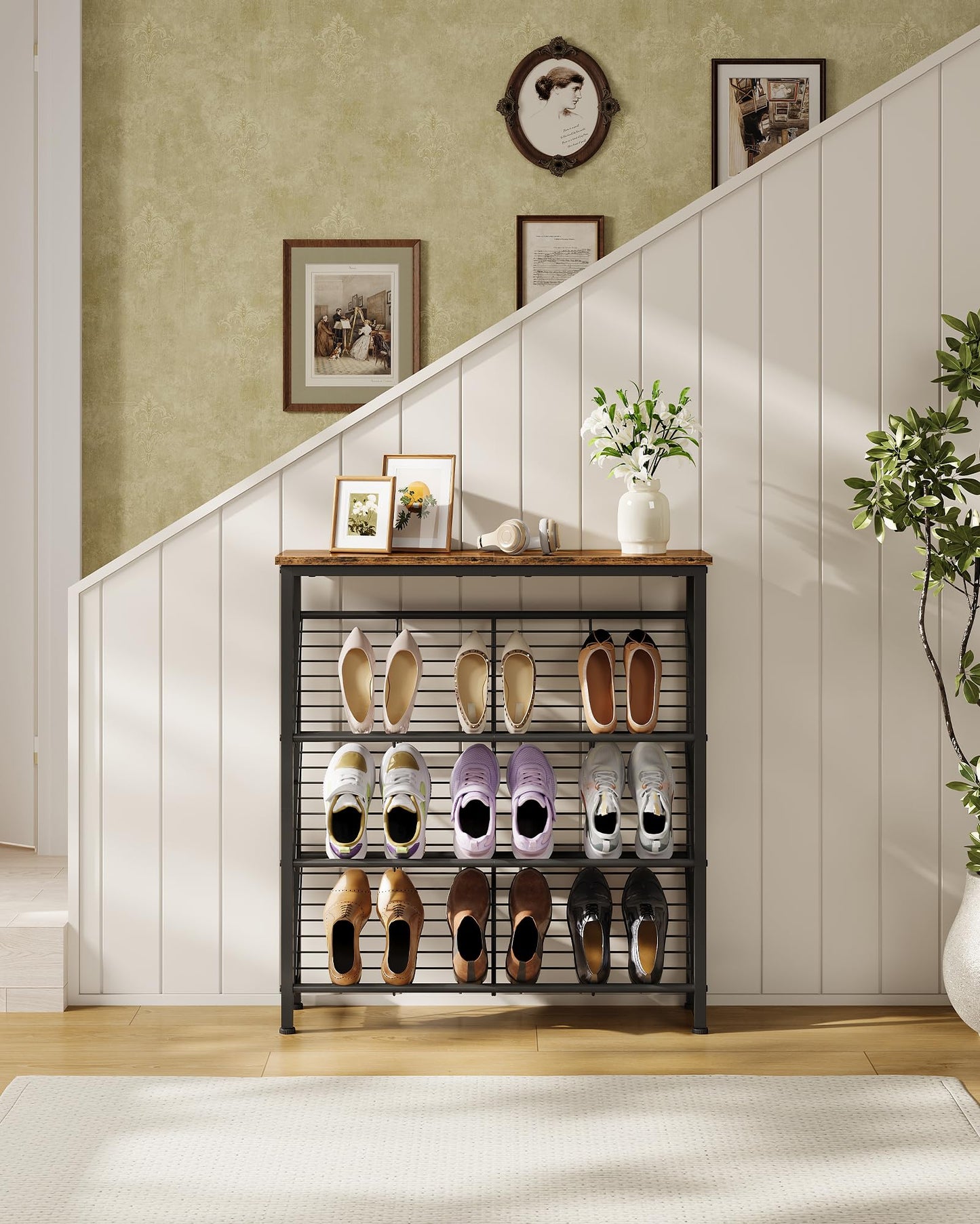 CHOEZON Shoe Rack, 4-Tier Narrow Shoe Storage Shelf, Slim Shoe Rack with Wooden Top and Metal Shelves, Slanted Shoe Organizer, Industrial Style, for Entryway, Hallway, Rustic Brown and Black TXJ76BF