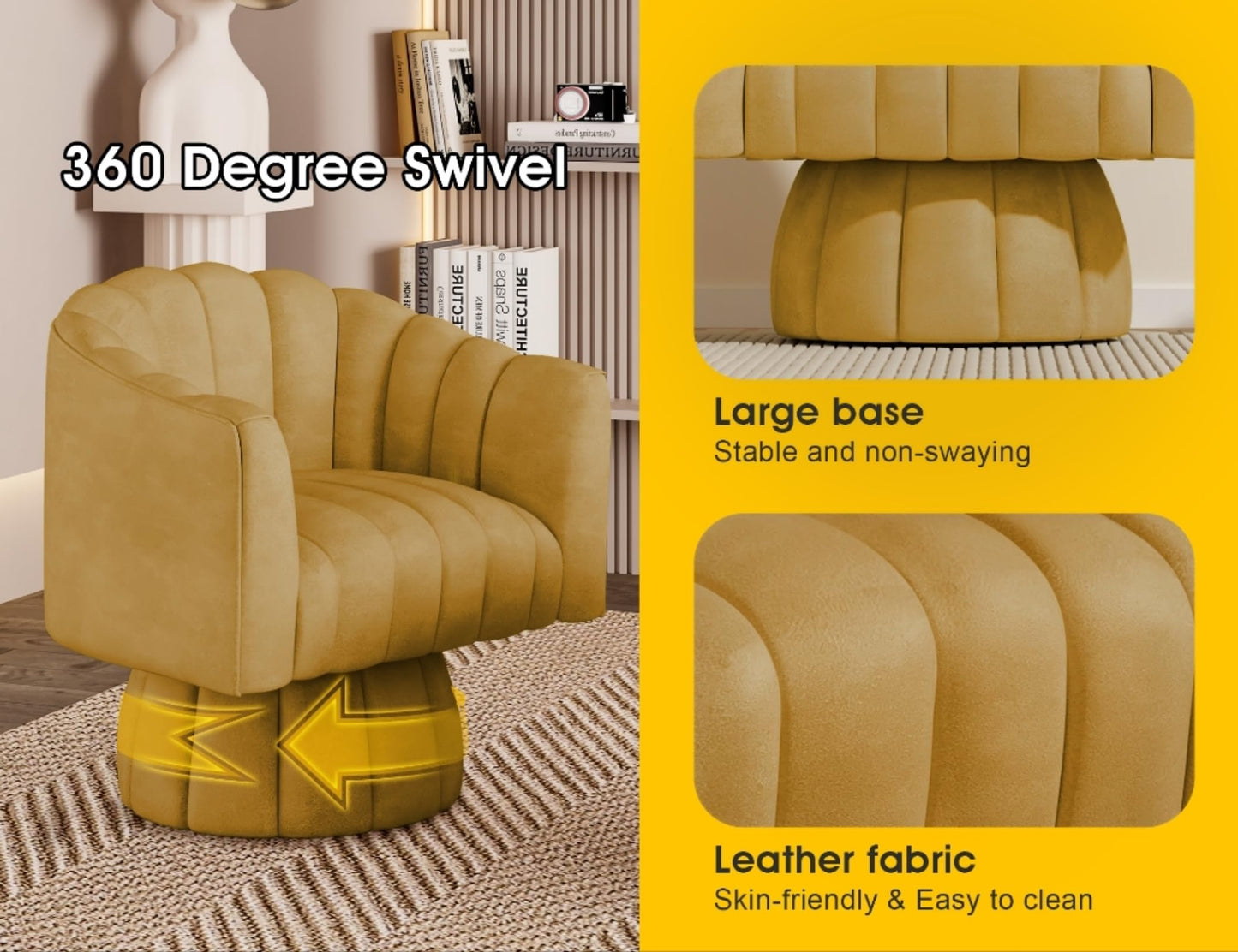Dewhut Swivel Accent Chair, 360° Swivel Barrel Chair with Armrest, Faux Leather Upholstered Single Sofa Reading Chair for Living Room,Bedroom,Waiting Room(Mustard)