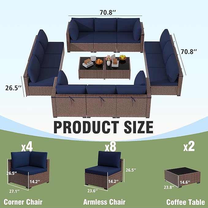 KIGOTY 14-Piece Patio Furniture Set, All-Weather PE Rattan Outdoor Sectional