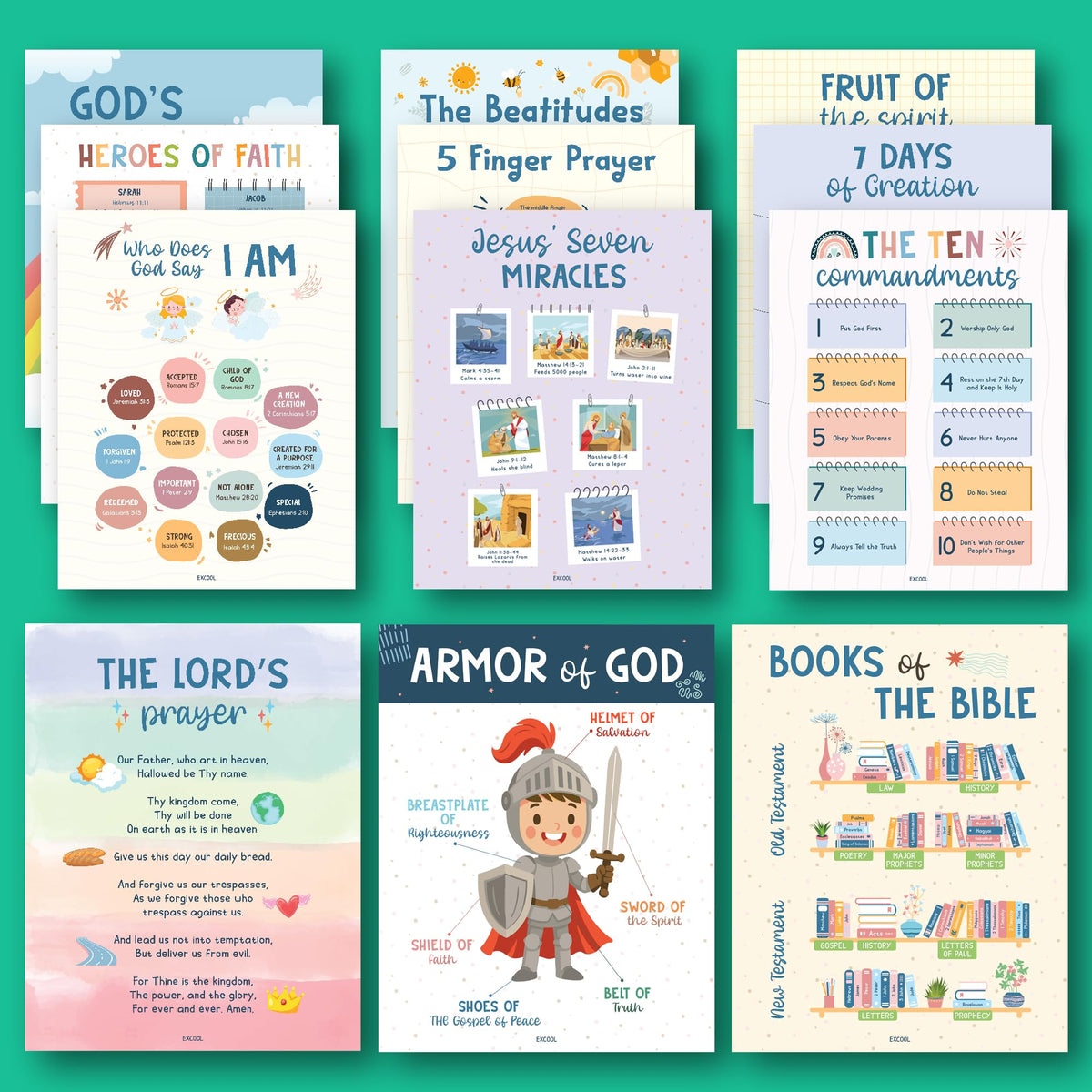 Excool Club Sunday School Decorations For Classroom - 12 Book Of The Bible Posters For Kids, Ten Commandments Fruit Of The Spirit Wall Art, Bible Study Supplies For Christian Classroom Decor (11"x14")