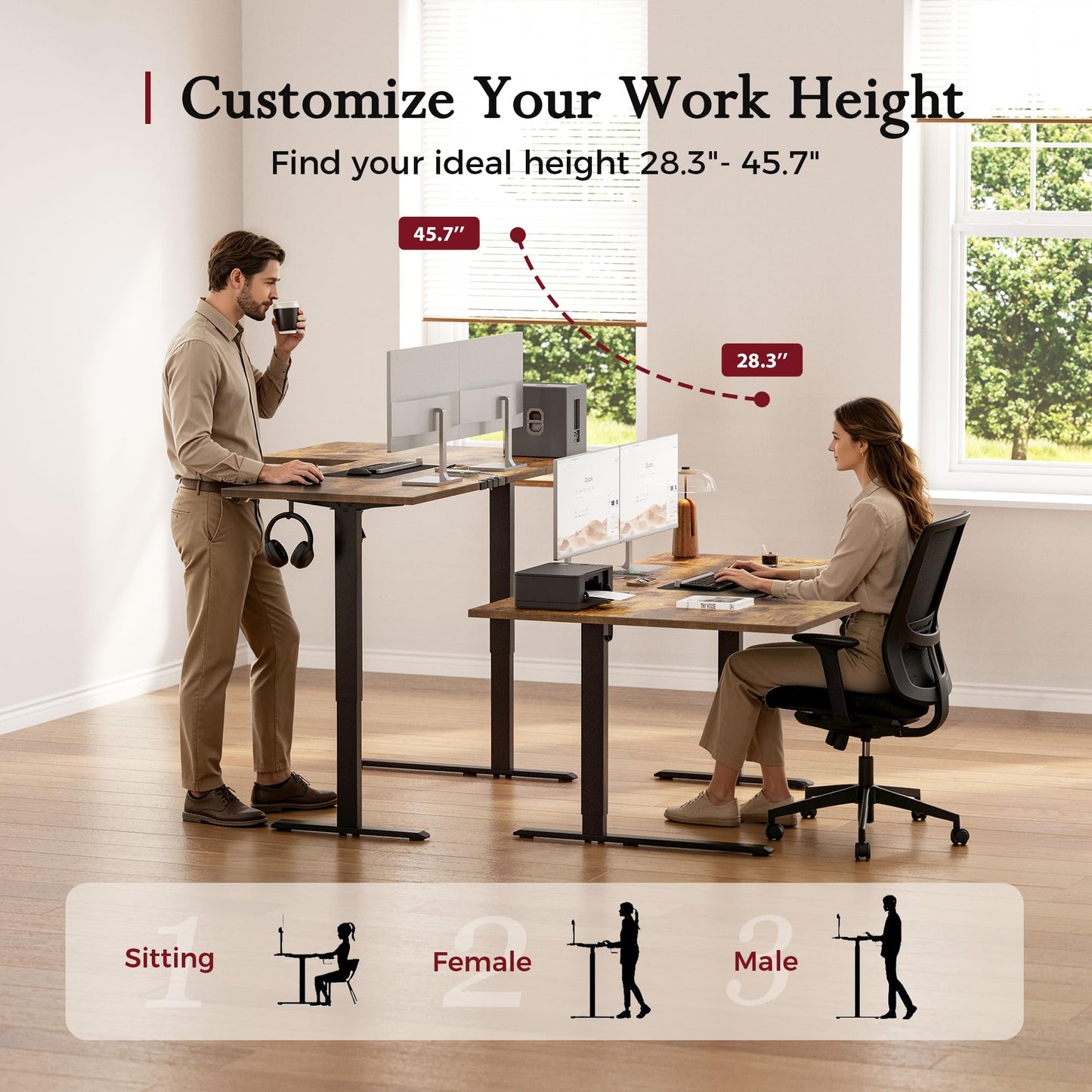 Klicelor L Shaped Standing Desk, 55 Inch Electric Height Adjustable Desk with Memory Preset, Reversible Sit Stand Up Computer Workstation for Home Office, Splice Board, Rustic Brown