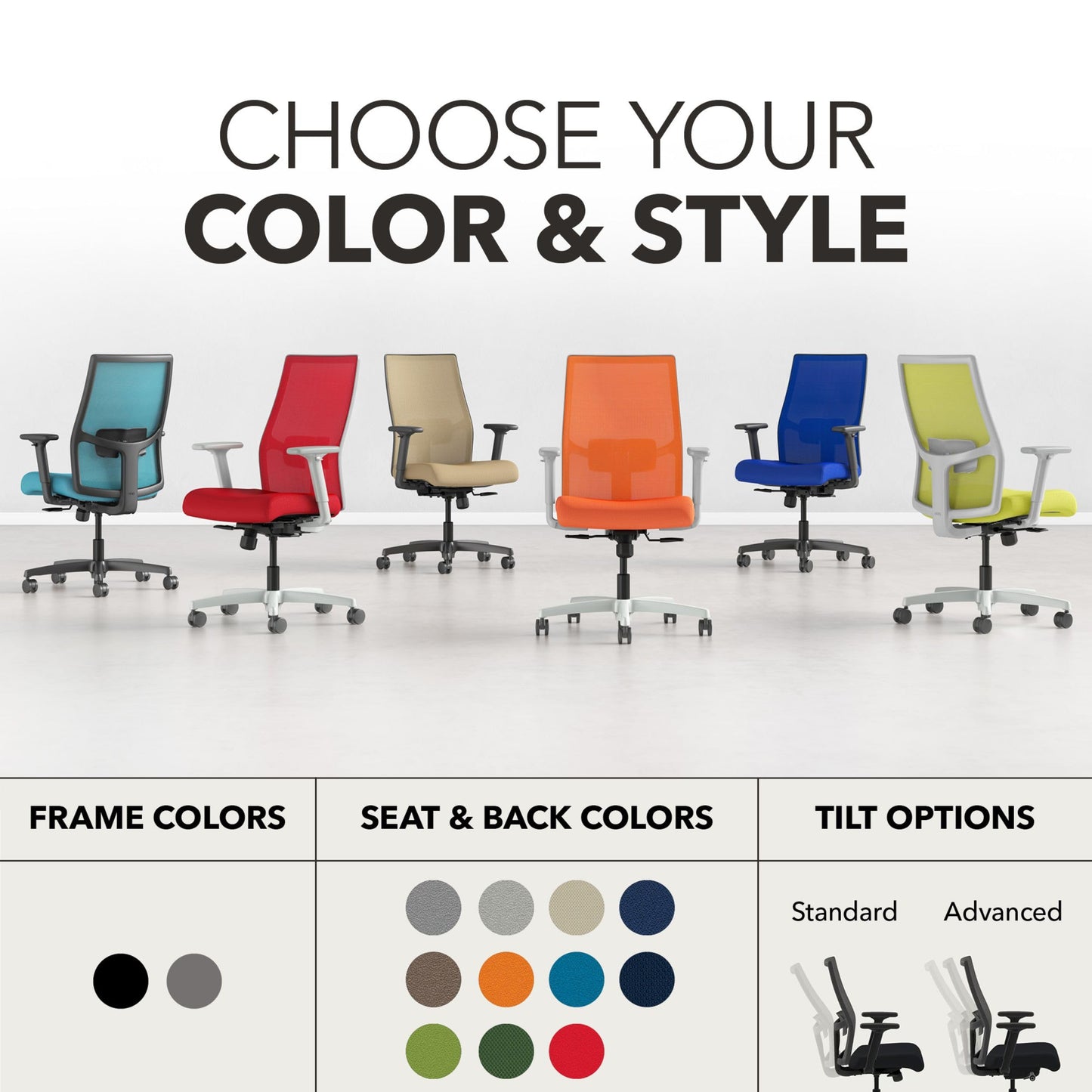 HON Ignition 2.0 Mid‑Back Ergonomic Office Chair, Mesh Task Desk Chair with Lumbar Support, Standard Synchro‑Tilt, Height and Width Adjustable Arms, Black Frame, Cobalt