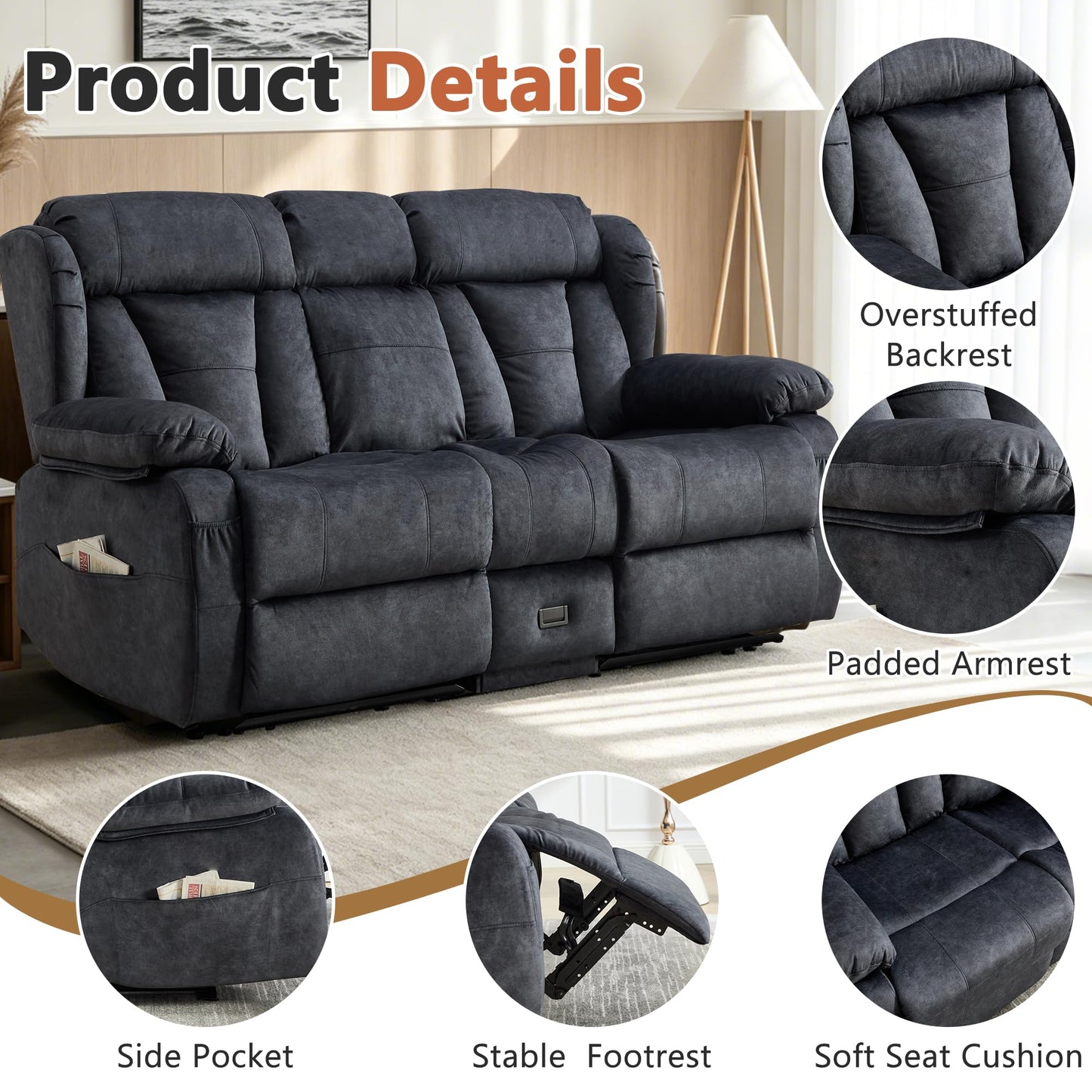 AHMED Loveseat Recliner Sofa with Console, Manual Reclining Loveseat RV Couch with Cup Holders/Side Pocket/Padded Armrest Cushion for Living Room, Velvet, Grey