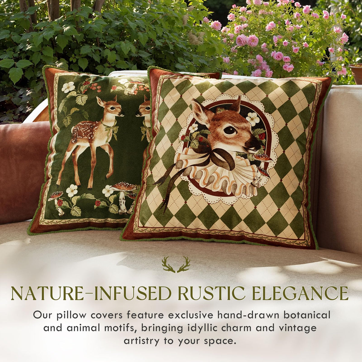 Livebee Deer Checkered Pillow Cover Decorations, Velvet Euro Sham Covers Decorative Throw Pillow Covers 18x18 for Couch Sofa Bed Living Room, Deer Green