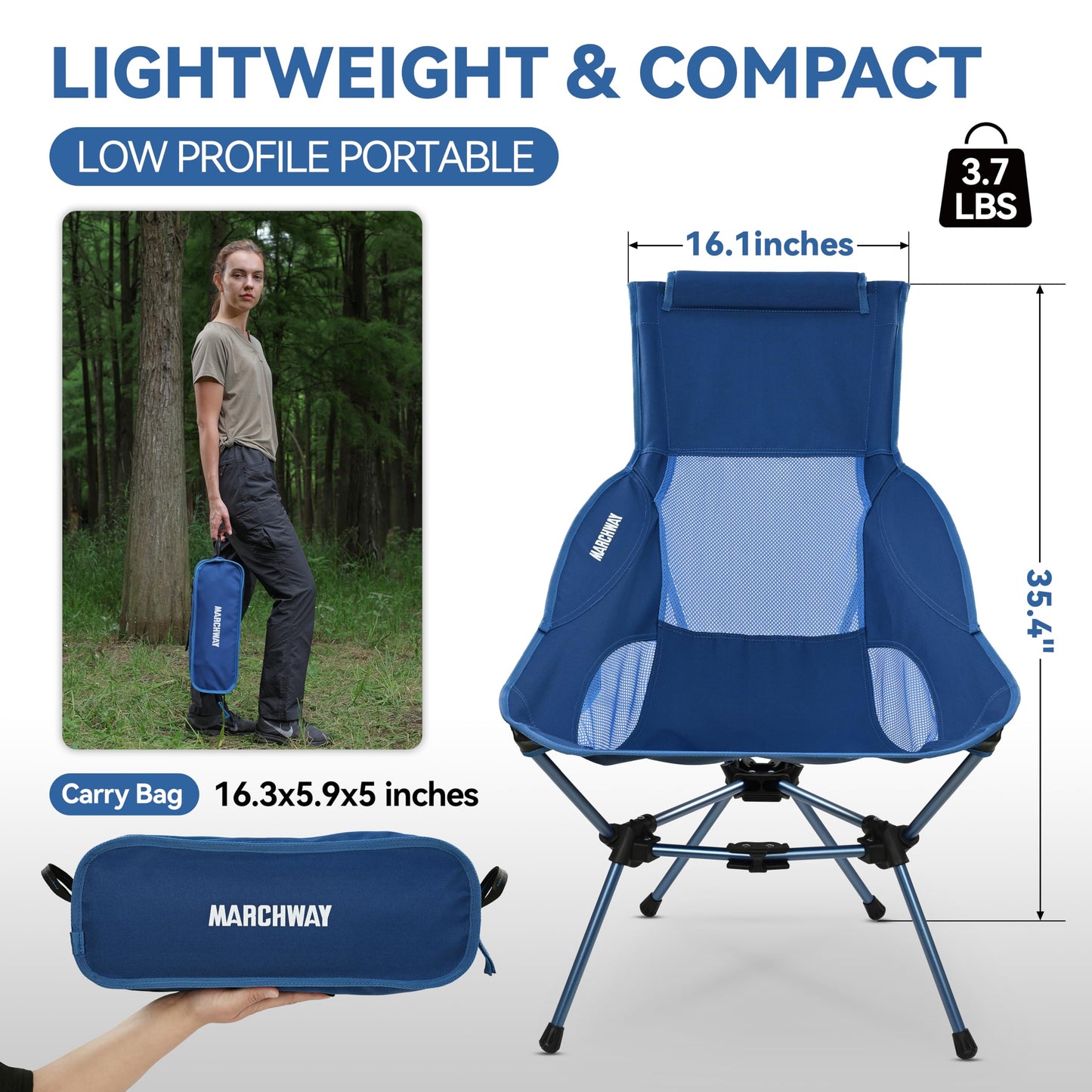 MARCHWAY Lightweight Folding High Back Camping Chair with Head Support, Stable Portable Compact for Outdoor Camp, Travel, Beach, Picnic, Festival, Hiking, Backpacking (Highback Dark Blue)