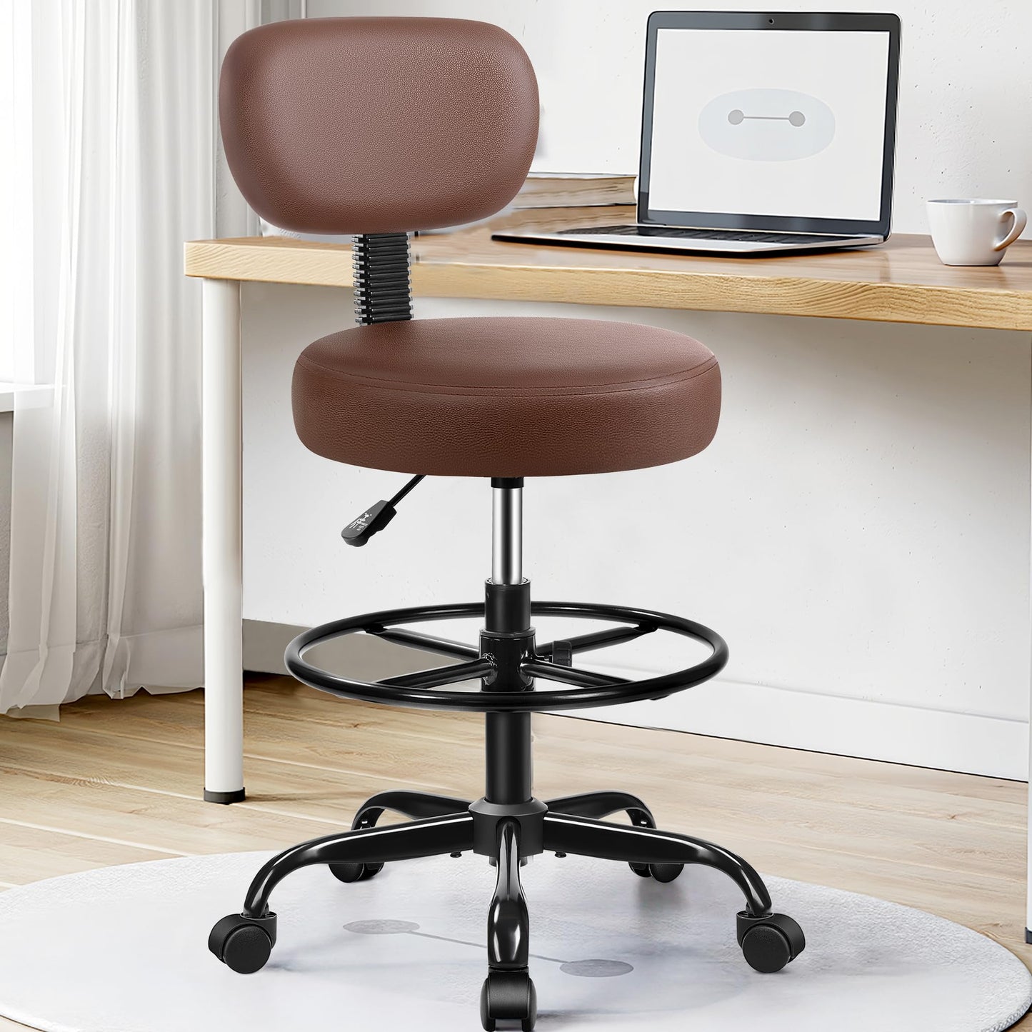 Brick Attic Drafting Chair with Backrest – Adjustable Foot Rest Rolling Stool with Wheels, PU Leather Swivel Stool for Office Spa Studio Lab Counter Salon Home Work Bar Kitchen Shop(Brown)