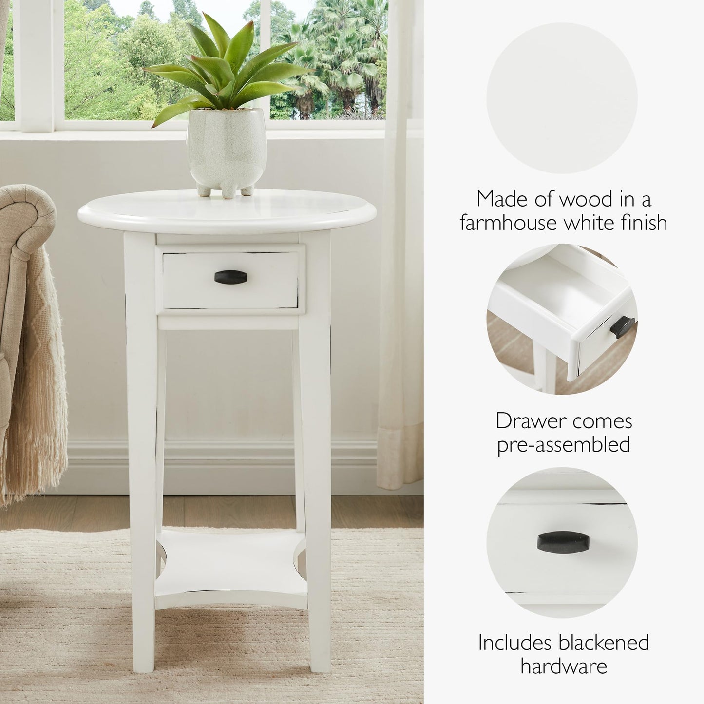 Leick Home Haven Ridge Oval End Table, One Drawer Side Table, Farmhouse White, 214387