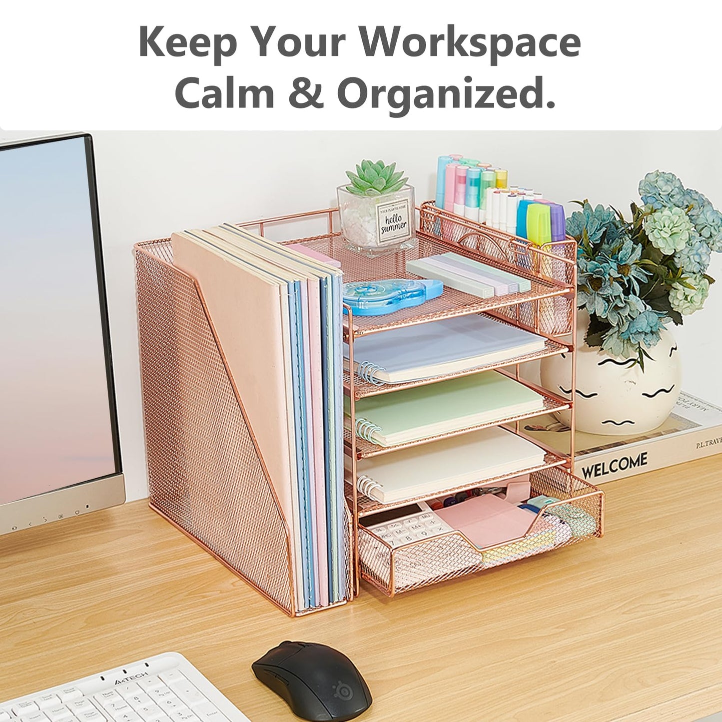 Gugsey Desk Organizers and Accessories, 5-Tier Paper Letter Tray Organizer with File Holder, Drawer & Pen Holder, Office Desk Accessories, Desktop Organizer for Classroom Office Supplies, Rose Gold