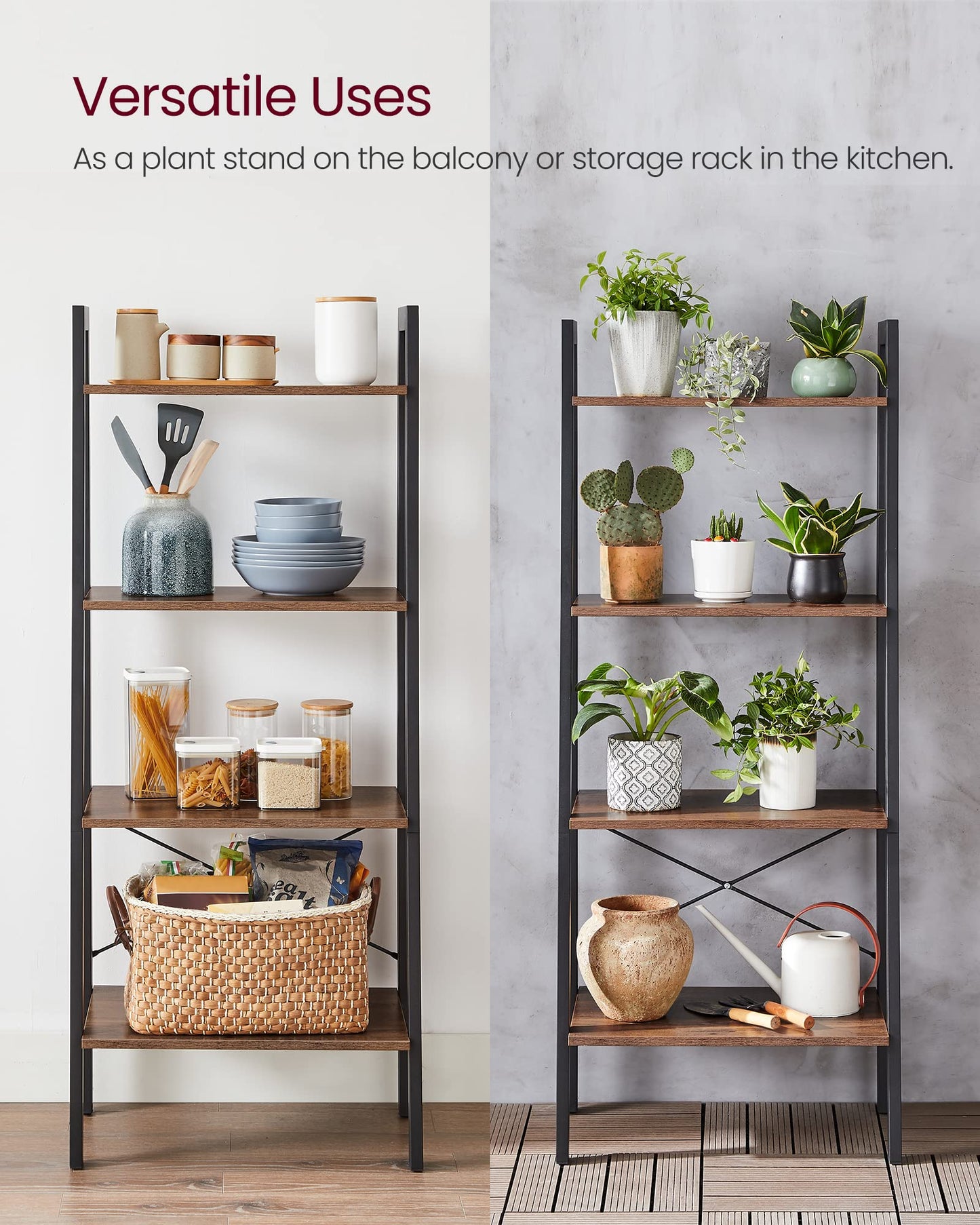 VASAGLE BARNET Collection - Ladder Shelf, Bookshelf, Storage Rack, Modern Bookcase for Living Room Home Office Kitchen, Steel Frame, 4-Tier, 22-Inch Wide, Hazelnut Brown and Ink Black ULLS044B03