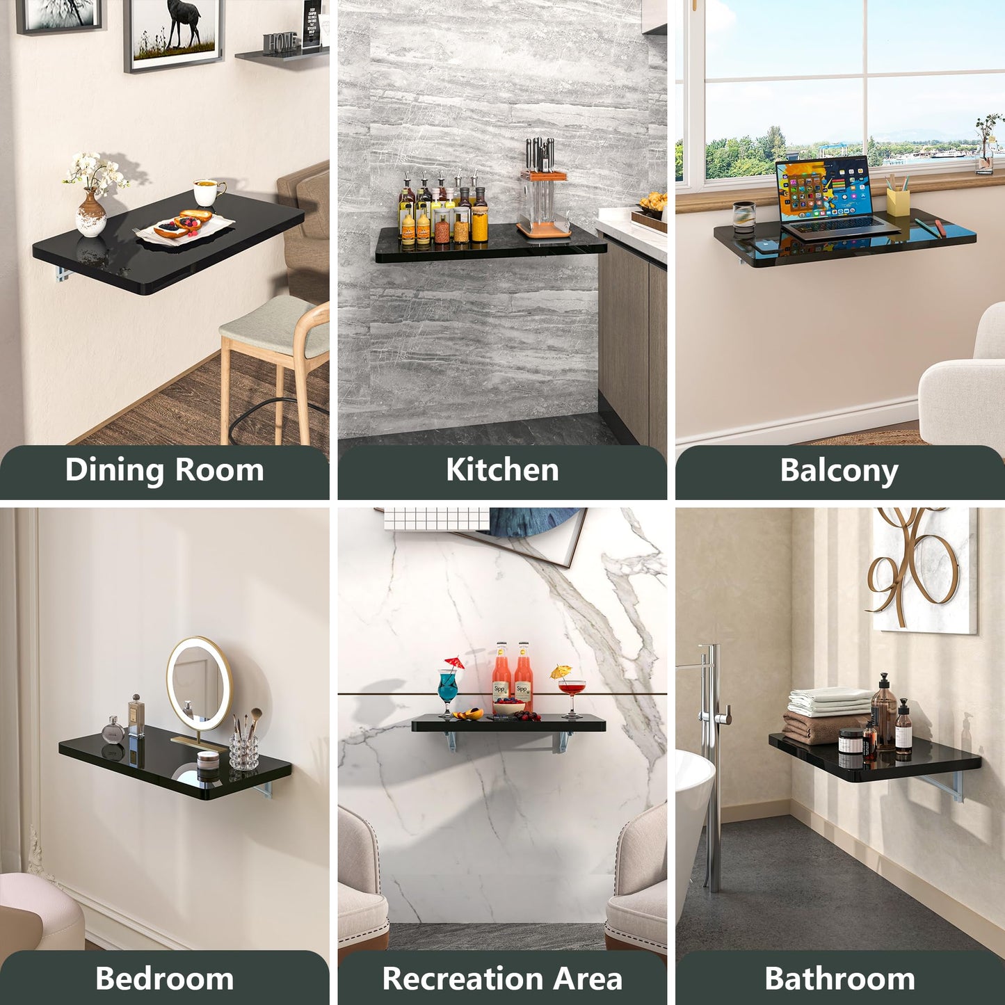Clikuutory Black Wall Mounted High Gloss Folding Table 23.6" L x 15.7" W, Laundry Folding Table for Laundry Room, Home Office, Kitchen, Bedroom, Home Bar, Wall Desk Fold Down for Small Spaces