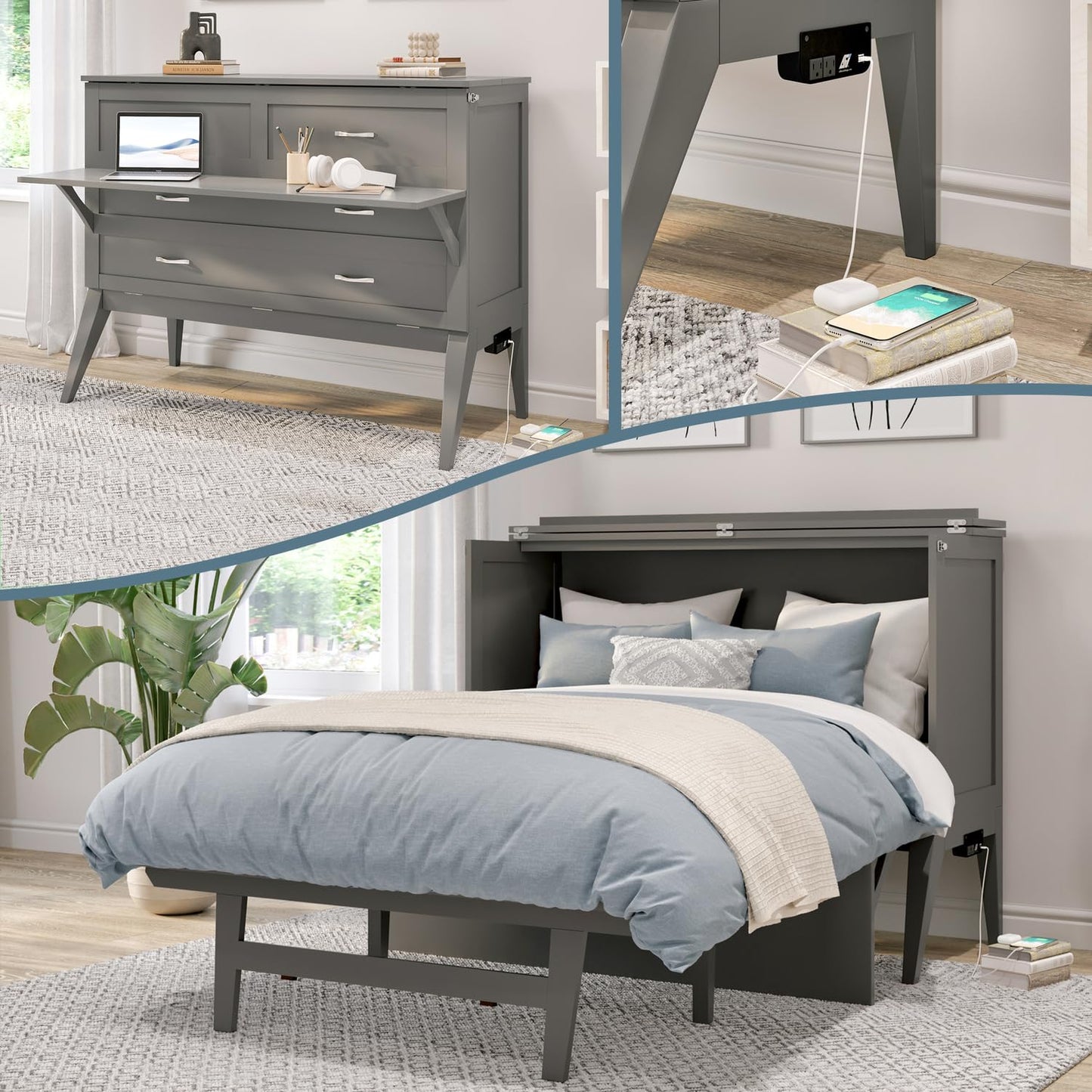 HomeStock Full Murphy Bed Desk with 6" Mattress & Built in Charger in Grey