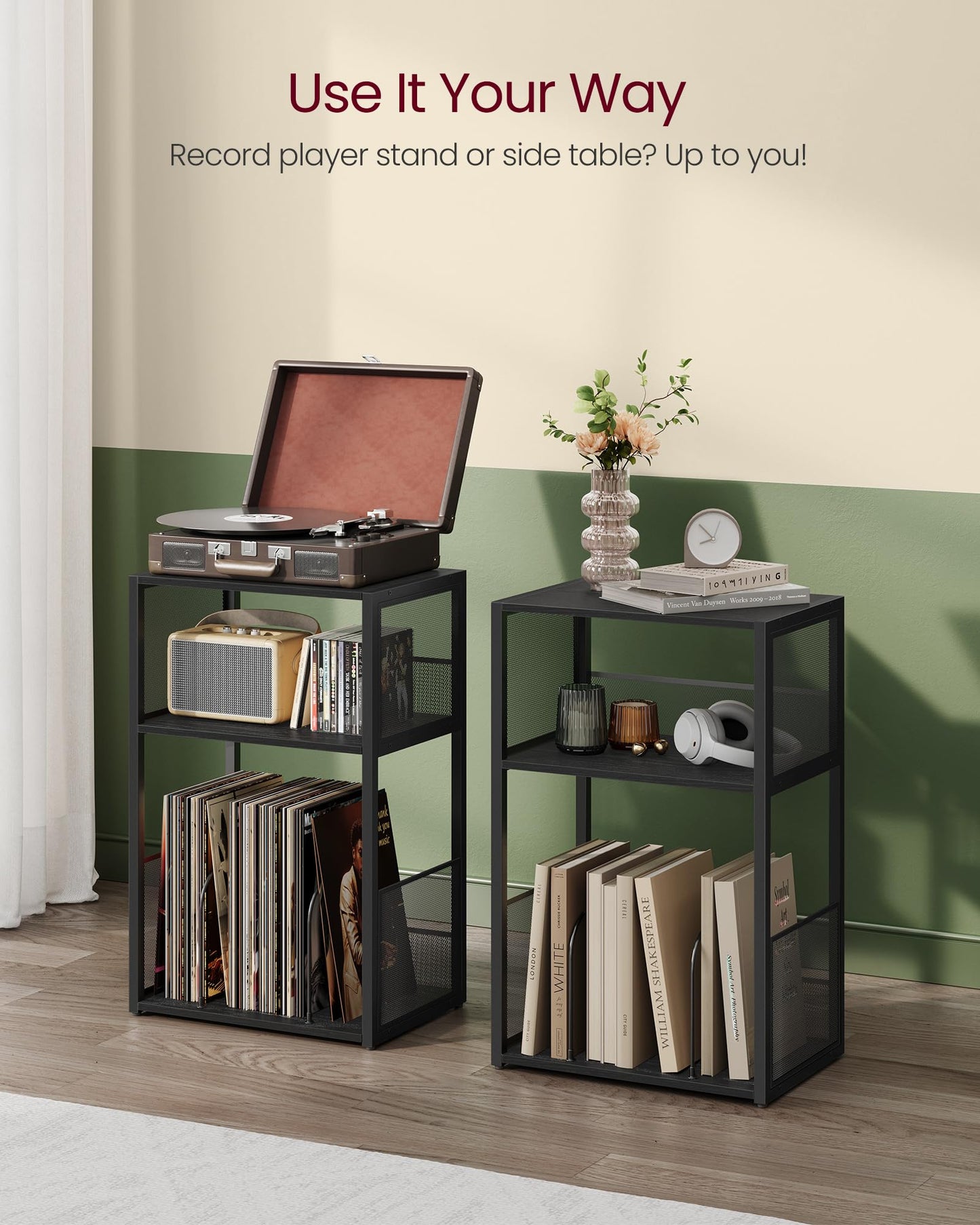 VASAGLE Record Player Stand, 3-Tier Side Table, Vinyl Record Storage up to 100 Albums, End Table for Living Room, Bedroom, Ebony Black ULET275B01