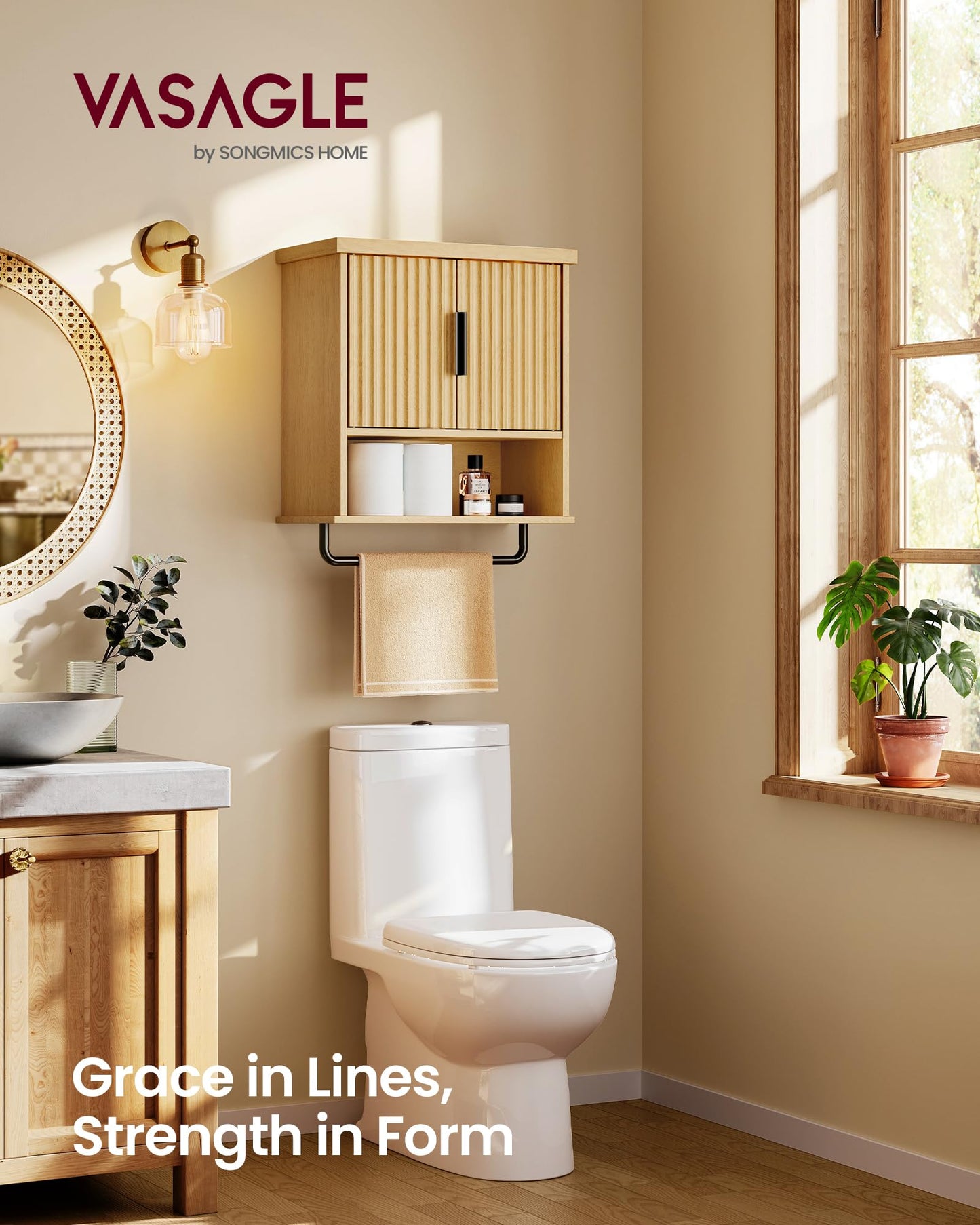VASAGLE MAXE Collection - Bathroom Cabinet Wall Mounted, Over Toilet Hanging Cabinet with Adjustable Shelf, Towel Bar, Fluted Doors, 7.9 x 17.7 x 24 Inches, Transitional, Oak Beige UBBK137Y01S