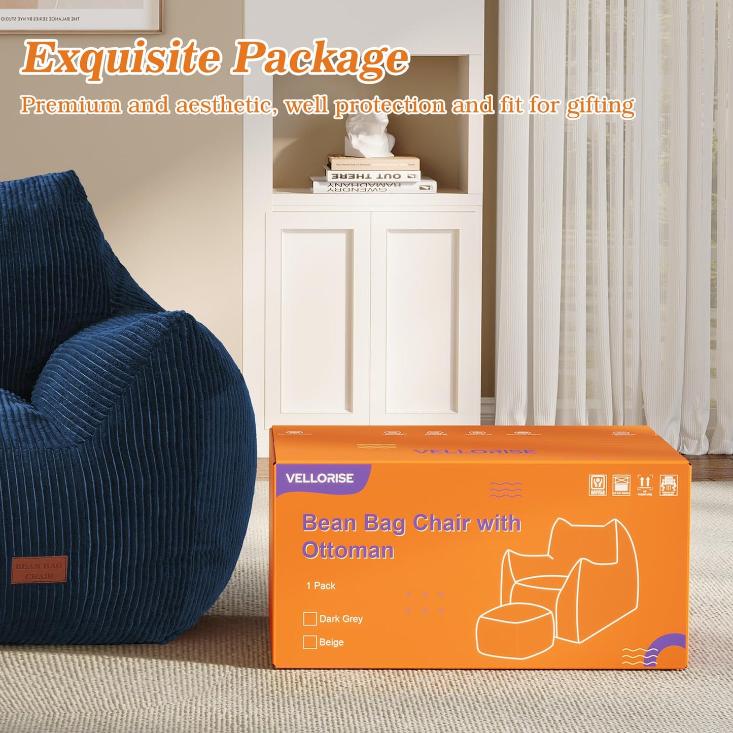 Vellorise Big Bean Bag Chair for Adults, Ultra Soft Living Room Bean Bag with Armrests & Ottoman, Stuffed BeanBag Chair for Napping, Gaming, Vacuum-Compressed for Easy Gifting, 48h to Expand,Navy Blue