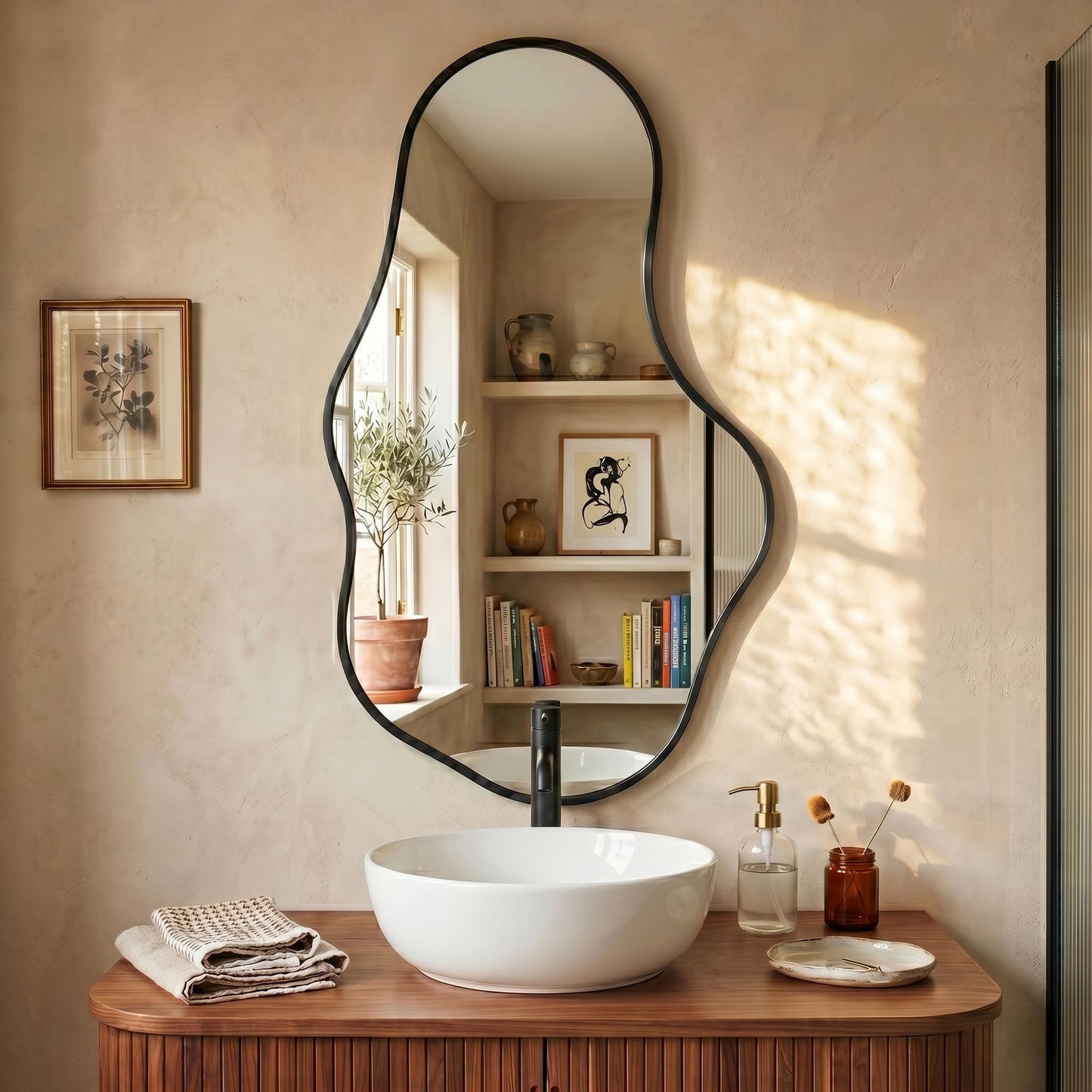 Fahomiss Irregular Wall Mirror, 22"x36" Black Abstract Asymmetrical Mirrors for Wall, Decorative Cloud Aesthetic Mirror for Bathroom, Bedroom, Cloakroom, Entryway, Shatter-Proof Aluminum Alloy Frame