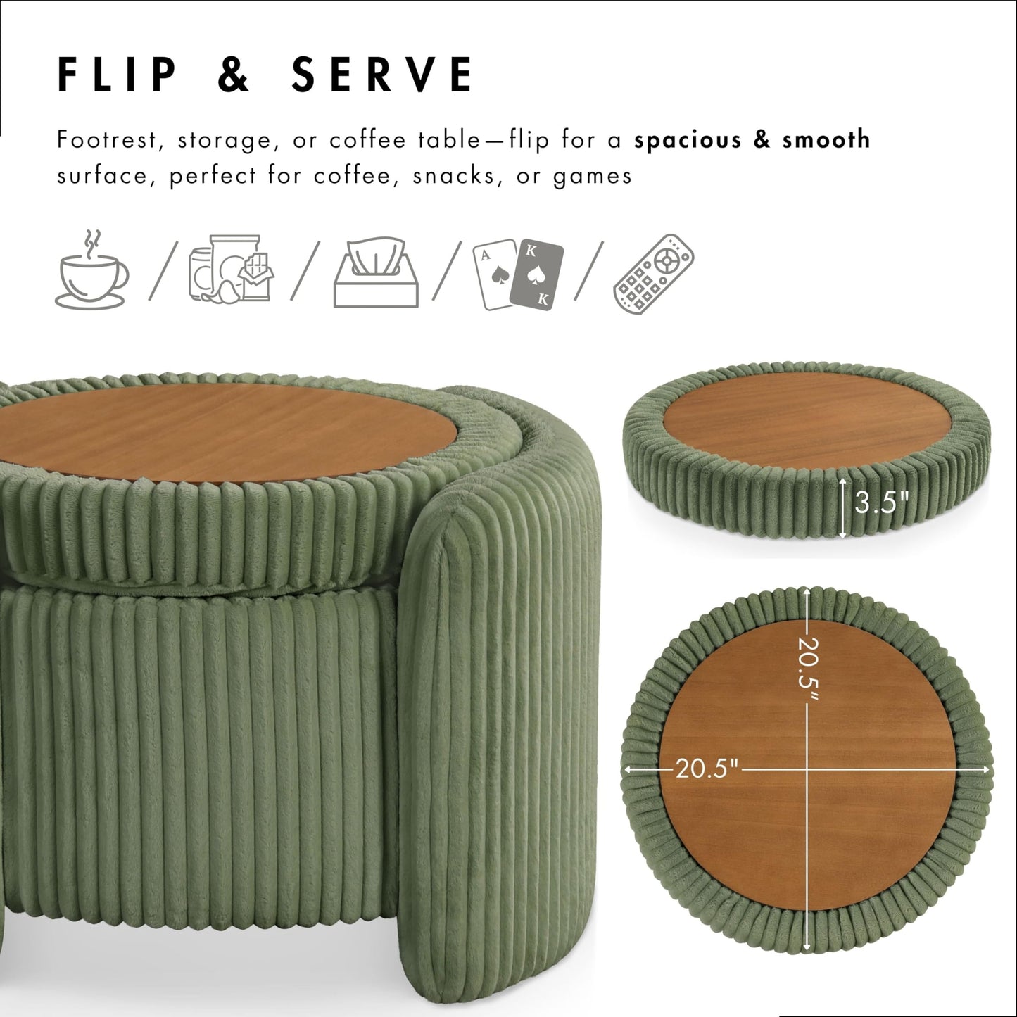 Furniture of America Lennox Modern Chenille 25-inch Round Storage Ottoman with Reversible Flip Top, Upholstered Footstool for Living Room, Bedroom, Entryway, Beige Pink