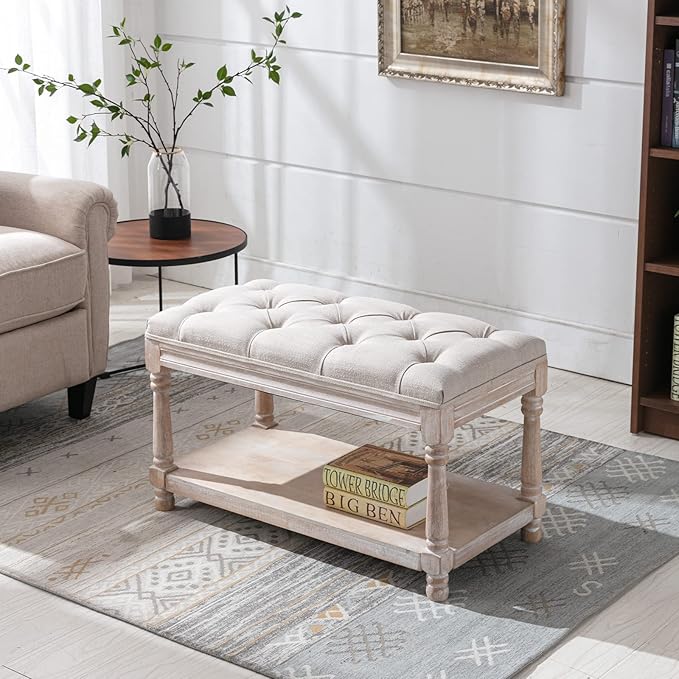 Farmhouse Storage Bench Wooden Entryway Linen Upholstered Ottoman Button Tufted