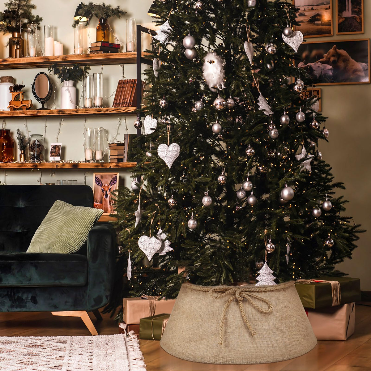 Outus Farmhouse Burlap Christmas Tree Collar Rustic Christmas Tree Ring Easy Set Up for Holiday Xmas Decor(Rustic)