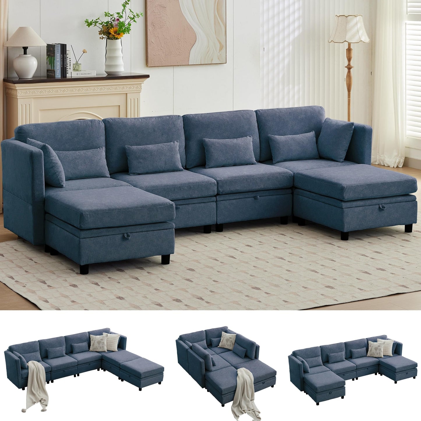 Korser 112" Modular Sectional Sofa with Storage, Sectional Couches for Living Room, Convertible Modular Sofa with Ottomans, U Shaped Comfy Couch with Chaise, Adjustable Backrest, 6 Seats, Blue
