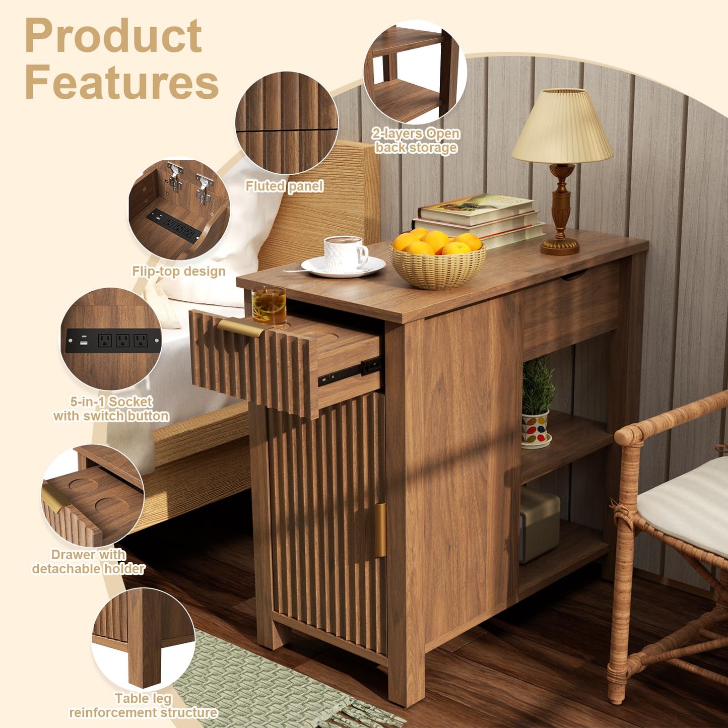 HSSZXFR End Table with Charging Station 24'' Nightstand with Charging Station Vintage Side Table with Storage Wooden Sofa Side Table and Outlets Bedside Table for Living Room Office Bedroom (Brown)