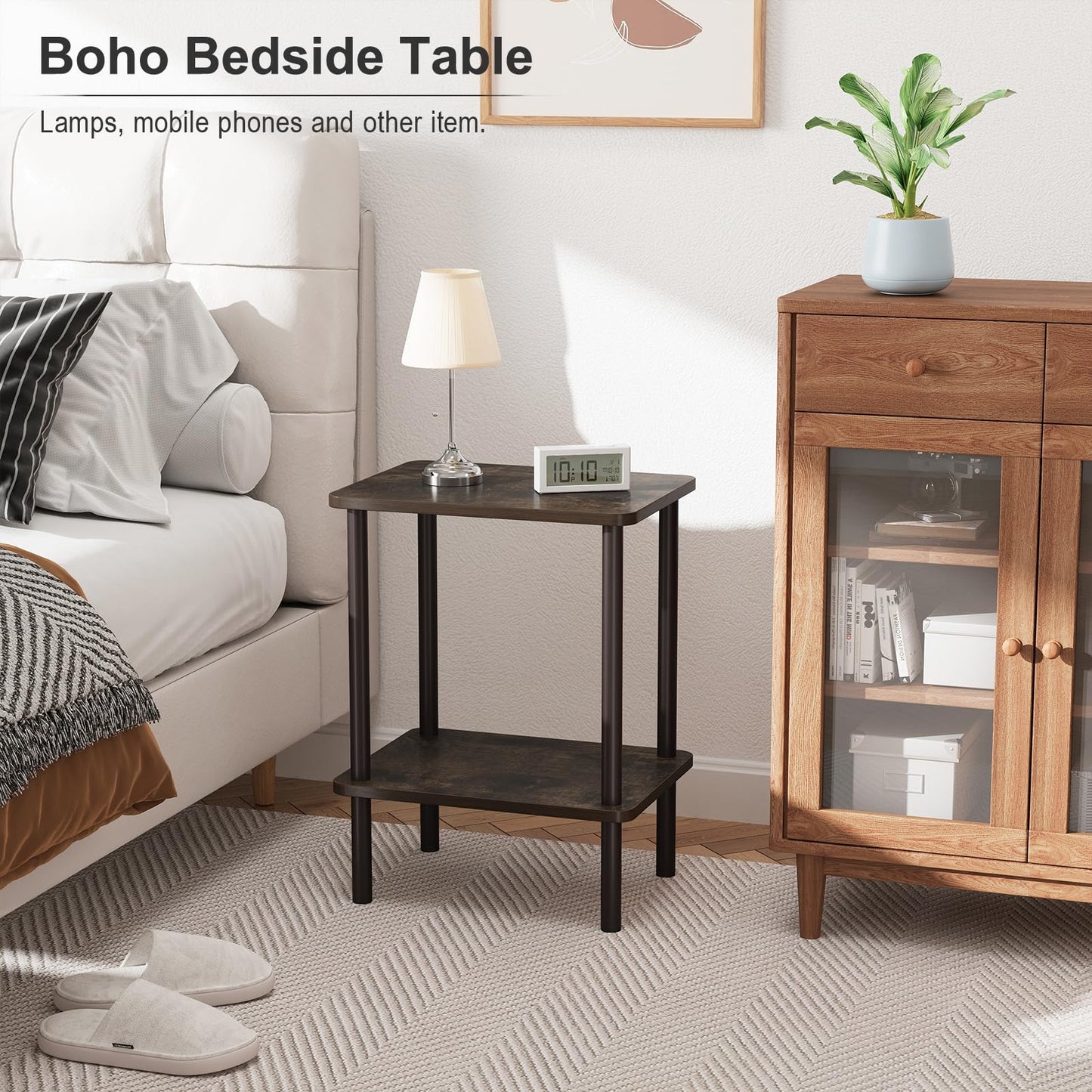 Apicizon 2 Tier End Table, Small Side Table with Solid Wood Legs, Boho Bedside Table with Storage Shelf, Nightstand for Small Spaces, Bedroom, Living Room, Entryway, Easy Assembly, Rustic Oak