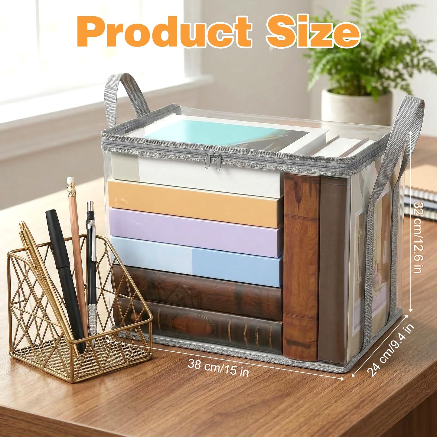 4 Pcs Clear Book Storage Bag, 15'' x 12.6'' x 9.4'' Plastic Comic Books Organizer Foldable Book Display Case with Lid and Lifting Handle for Books DVD Clothing