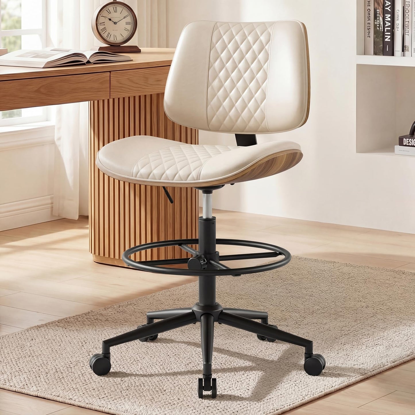 BERYTH Drafting Chair with Adjustable Footrest, Armless Modern Tall Office Chair for Standing Desk, PU Leather Swivel Stool in Curved Bentwood Style, Ergonomic Rolling Walnut Chair for Office(Beige)