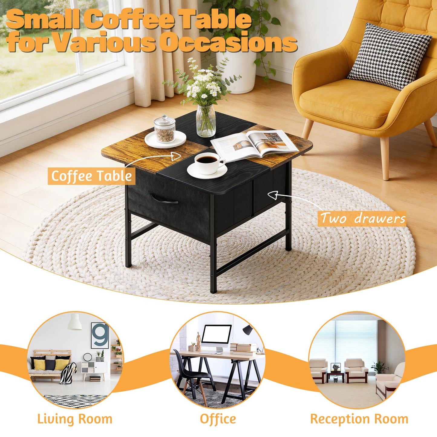 KANEODOT Coffee Tables for Living Room,Modern Small Coffee Table with 2 Large Storage Drawers,Wooden Square Center Table for Small Space,Apartment,Dorm,Home Office,Black Brown