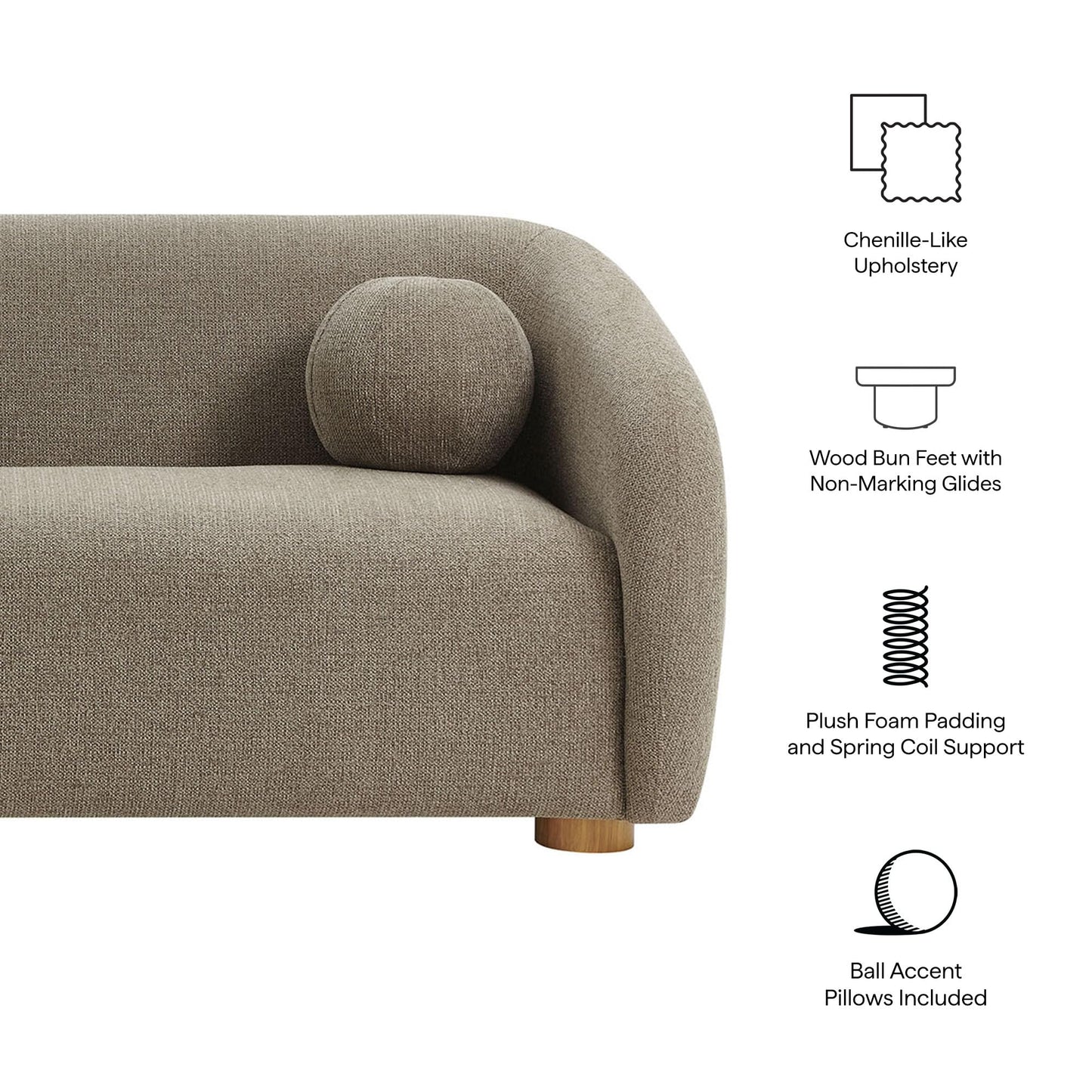Modway Holland 85 Inch Minimalist Curved Back Sofa in Taupe – Chenille Fabric Sofa with Ball Throw Pillows and Wood Feet – Modern 3-Seater Couch for Living Room