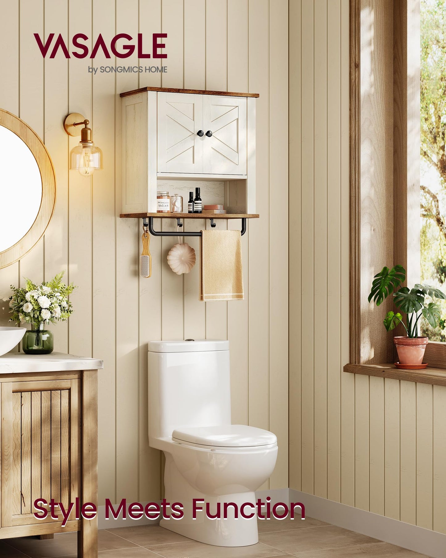 VASAGLE LIRY Collection - Bathroom Wall Cabinet, Farmhouse Wall-Mounted Medicine Storage Cabinet with 2 Barn Doors, Adjustable Shelf, Towel Bar, 7.9 x 18.1 x 24 Inches, Rustic White UBBK132W01S