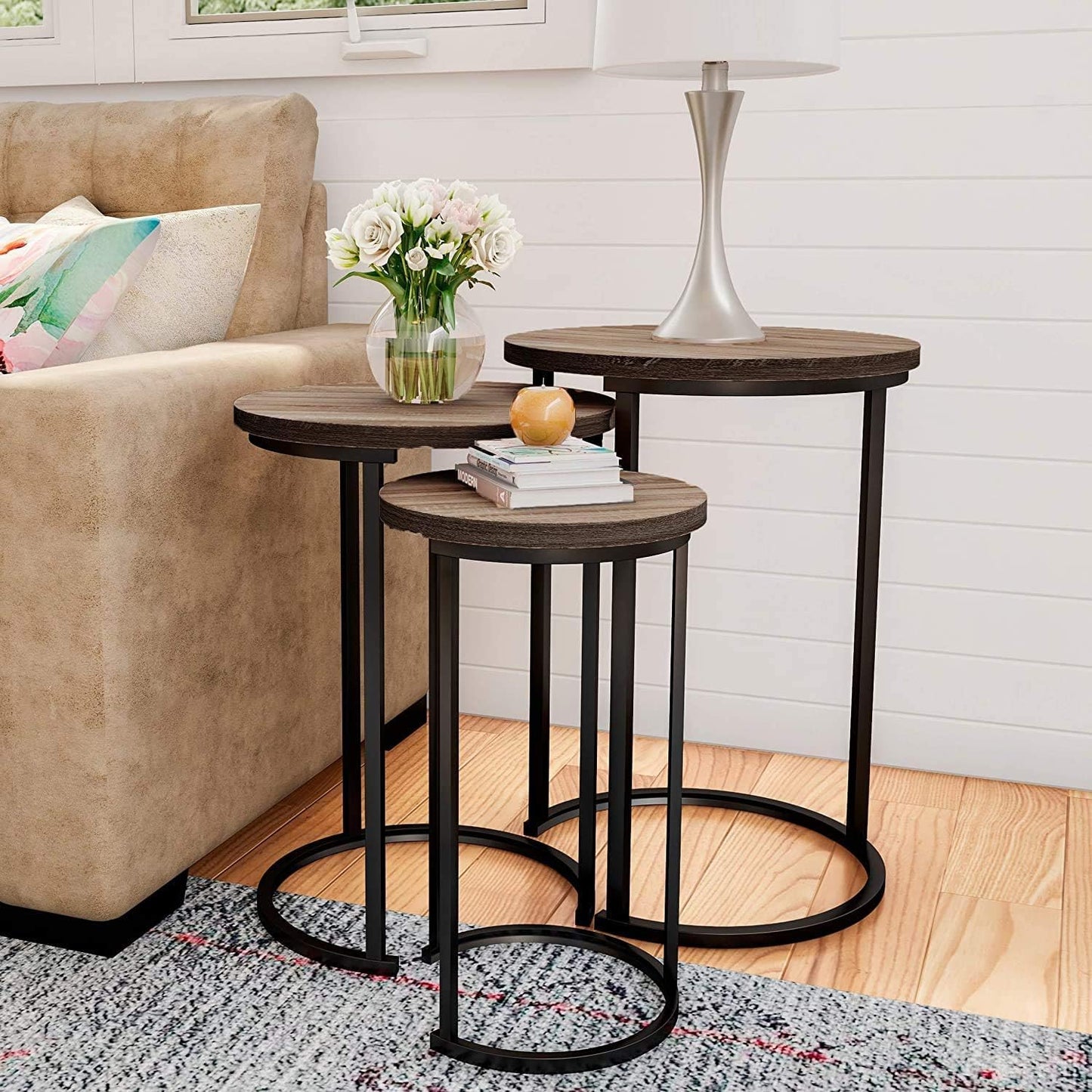 HYGRAD BUILT TO SURVIVE Set of 3 Round Wooden/Steel Nesting Side Stacking Sofa Side Coffee Tables, Small Space Coffee Tea Table for Hallway Living Room Bedroom, Home, Office (Brown/Black)