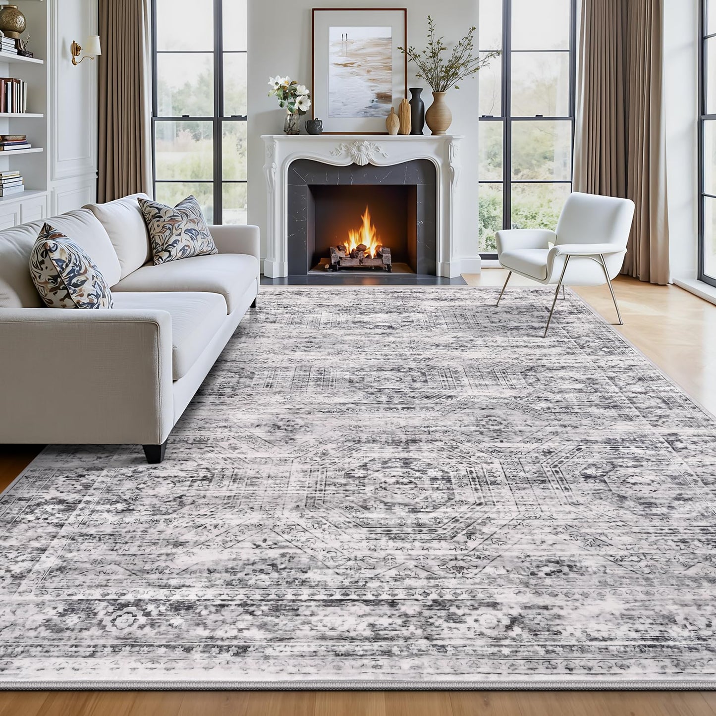 Suconsun 8' x 10' Area Rug, Washable Non-Slip Vintage Low-Pile Faux Wool Carpet, Soft Pet Friendly Farmhouse Rug for Living Room Bedroom Dining Room, Grey
