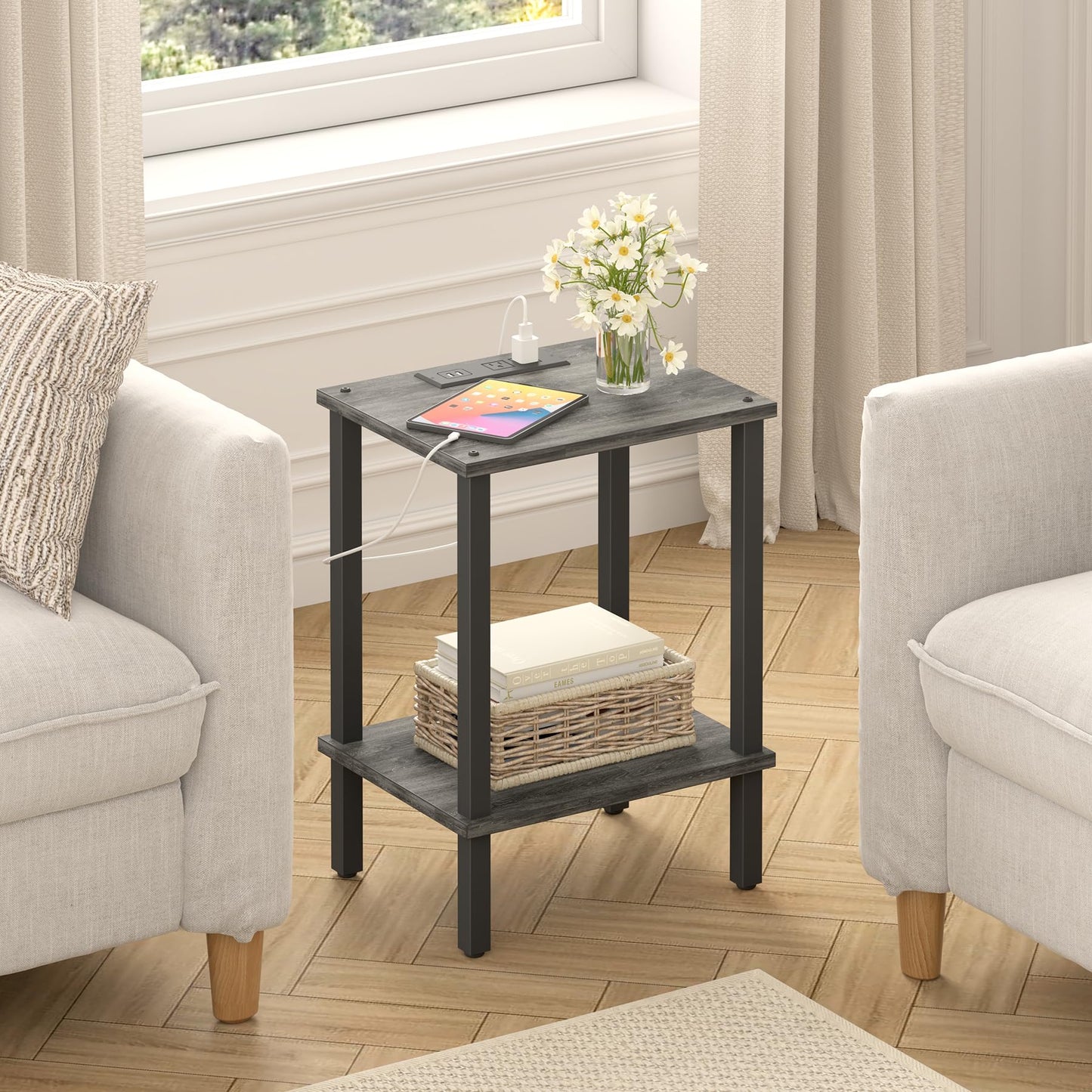 TUTOTAK End Table with Charging Station, Small Side Table with Outlets, Nightstand Bedside Table, 2-Tier Storage Shelf for Small Space, Living Room, Bedroom, Charcoal Grey TB01BY040