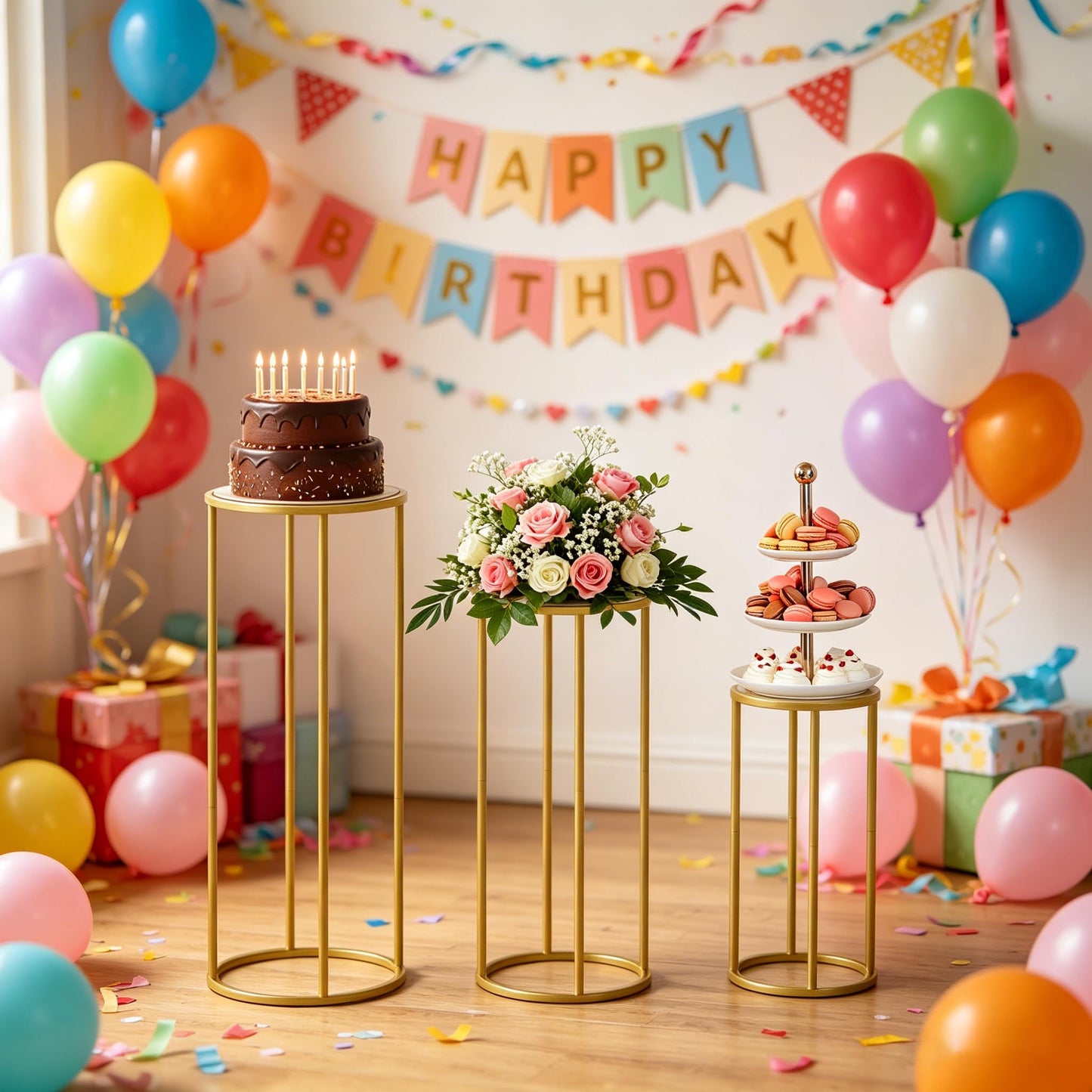 Urban Deco 3Pcs Cylinder Stands for Party, Round Pedestal Stand for Parties with Removable Acrylic Tops, Gold Metal Cake Stands, Cilindros para Fiestas for Birthday Party Wedding Baby Shower Decor