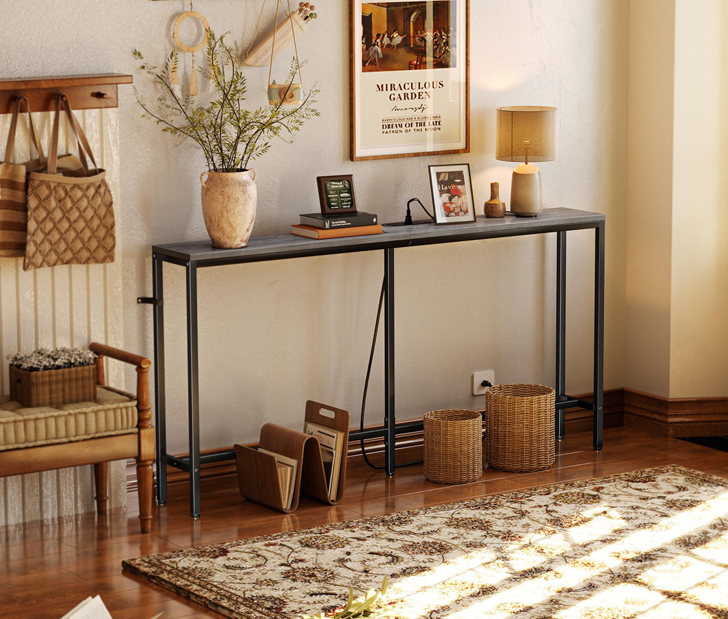 SUPERJARE Console Table with Outlet, 63 Inch Sofa Table with Charging Station, Narrow Hallway Entryway Table, Behind Couch Table Skinny for Entryway, Living Room, Plants, Charcoal Gray