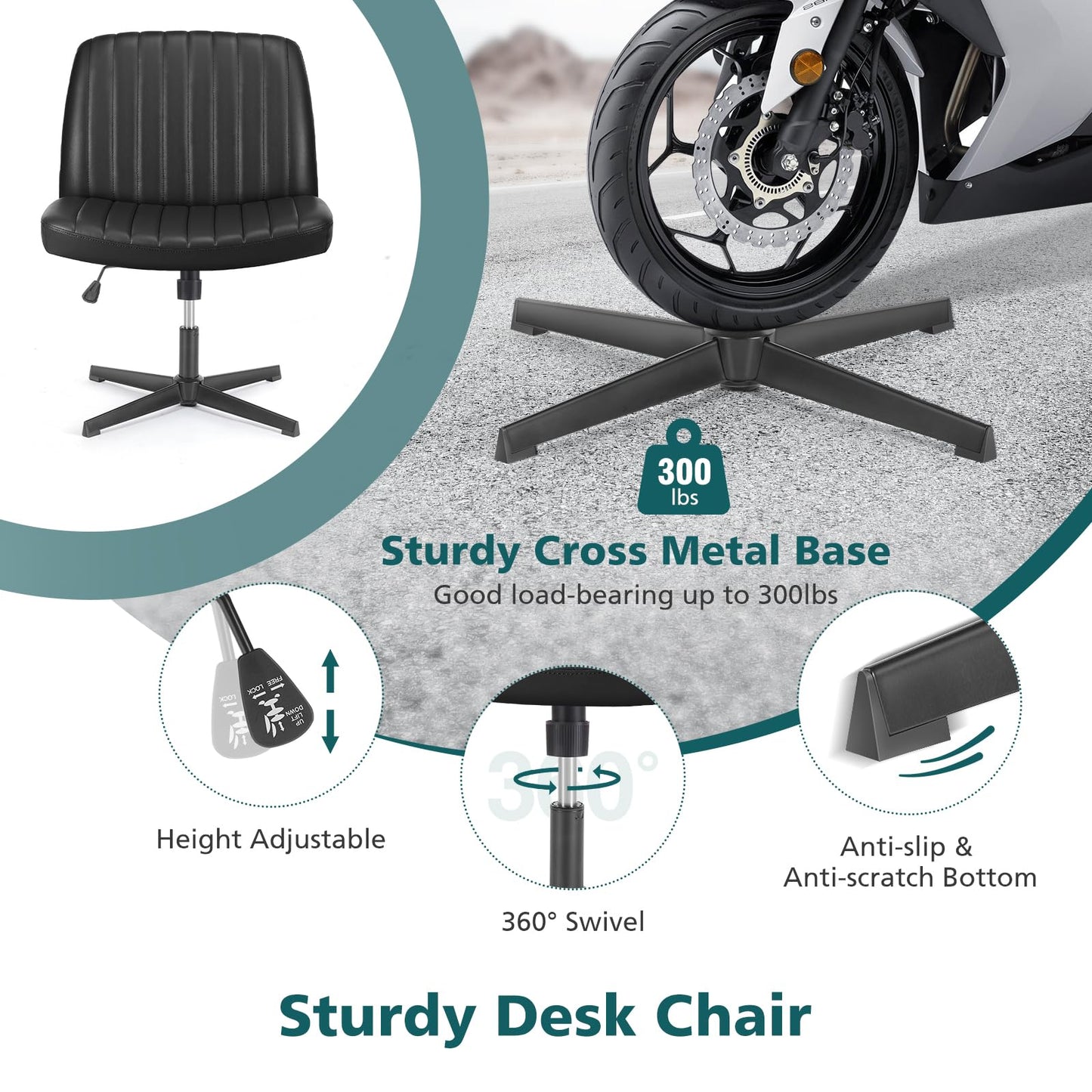 OLIXIS Criss Cross Legged Chairs No Wheels, Wide Seat Height Adjustable Swivel Chair,Padded PU Leather Armless Desk Chair for Home Office Bedroom, Student, Study Room,Black-Pu